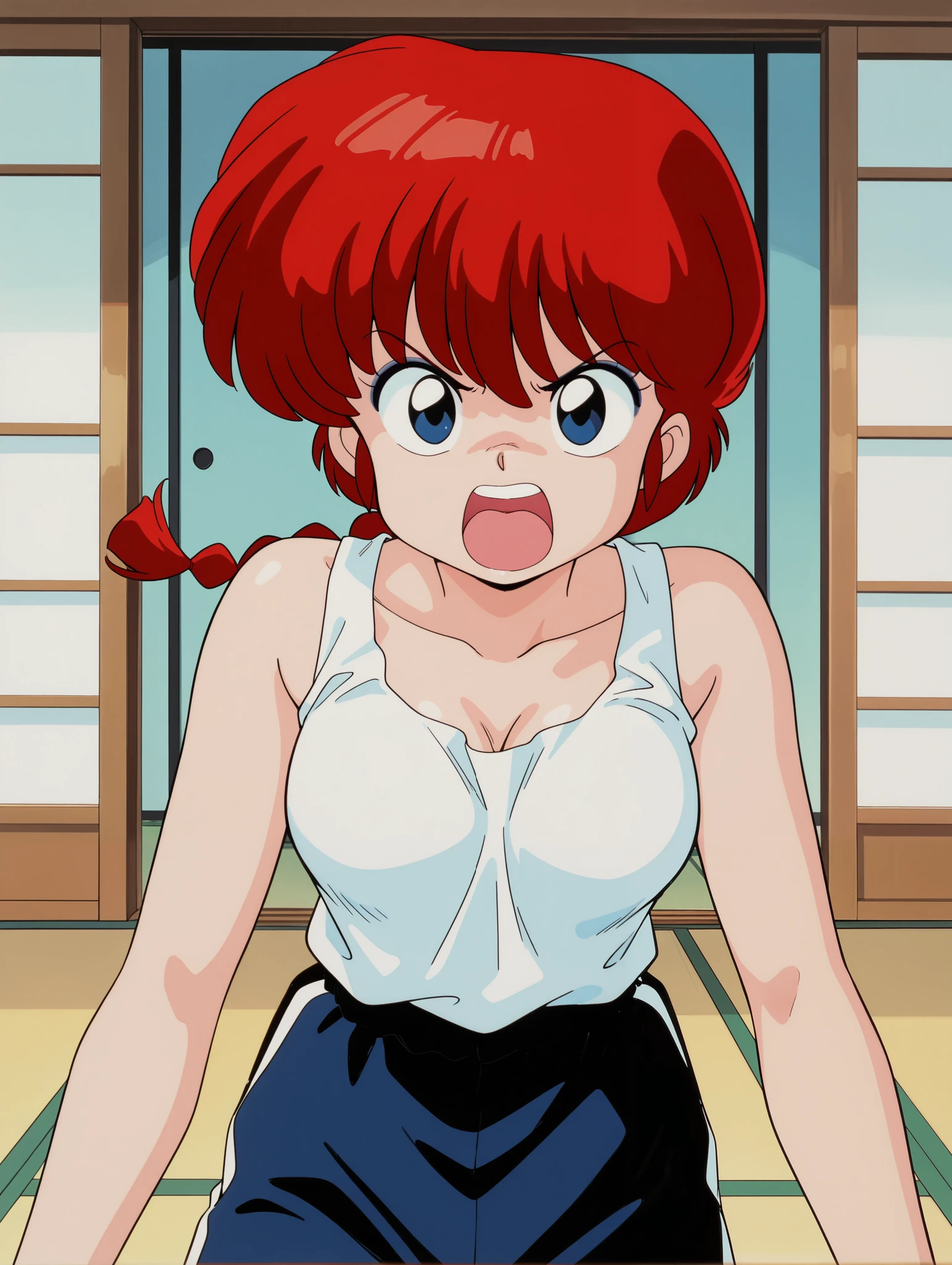 masterpiece, best quality, newest, absurdres, highres, detailed eyes, beautiful, detailed background, perfect eyes, anime coloring, retro artstyle, 1990s \(style\), 1girl, solo, ranma-chan, red hair, long hair, single braid, blue eyes, medium breasts, gym shorts, white tank top, japanese home, indoor, (!), shouting, yelling, angry, looking at viewer