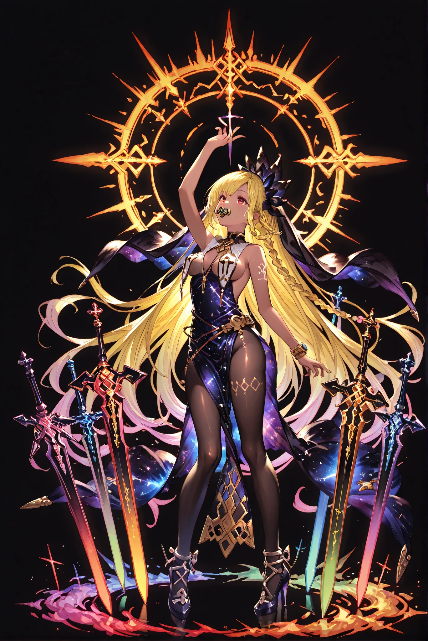 Brave perspective, holding realistic shiny sword, weapon, Great sword,sword,圣sword，神sword，魔sword，sword散发着紫光 holding weapon, ruanyi0847,bodysuit,breast curtains,dress,nun,pantyhose,pelvic curtain ,Sword dance,Cast a spell to summon multiple purple floating swords （ stands，whole body， high heels， front view，Standing picture:1.7)，HoleHeels，oval/Circle/Thorn/Horn Heels，, Limited Color Palette , Black Background ,Colorful, vivid colors ,Flashing silhouette ,neon,black light ,watch,  Masterpiece,  very beautiful ,, shiny skin, galaxy dress, backless dress, golden ornaments, arm tattoo, , Granblue_ fantasy, Helel_Ben_Shalem, dark skin, Blonde, long hair, braid, red eyes, pacifier,