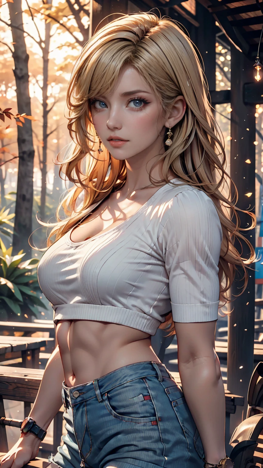One girl, Medium chest, Blonde, Long Hair, Wavy Hair, Grey Eyes, White Feather Wings, Angel, Outdoor, White jacket, choker, Tank top, jeans