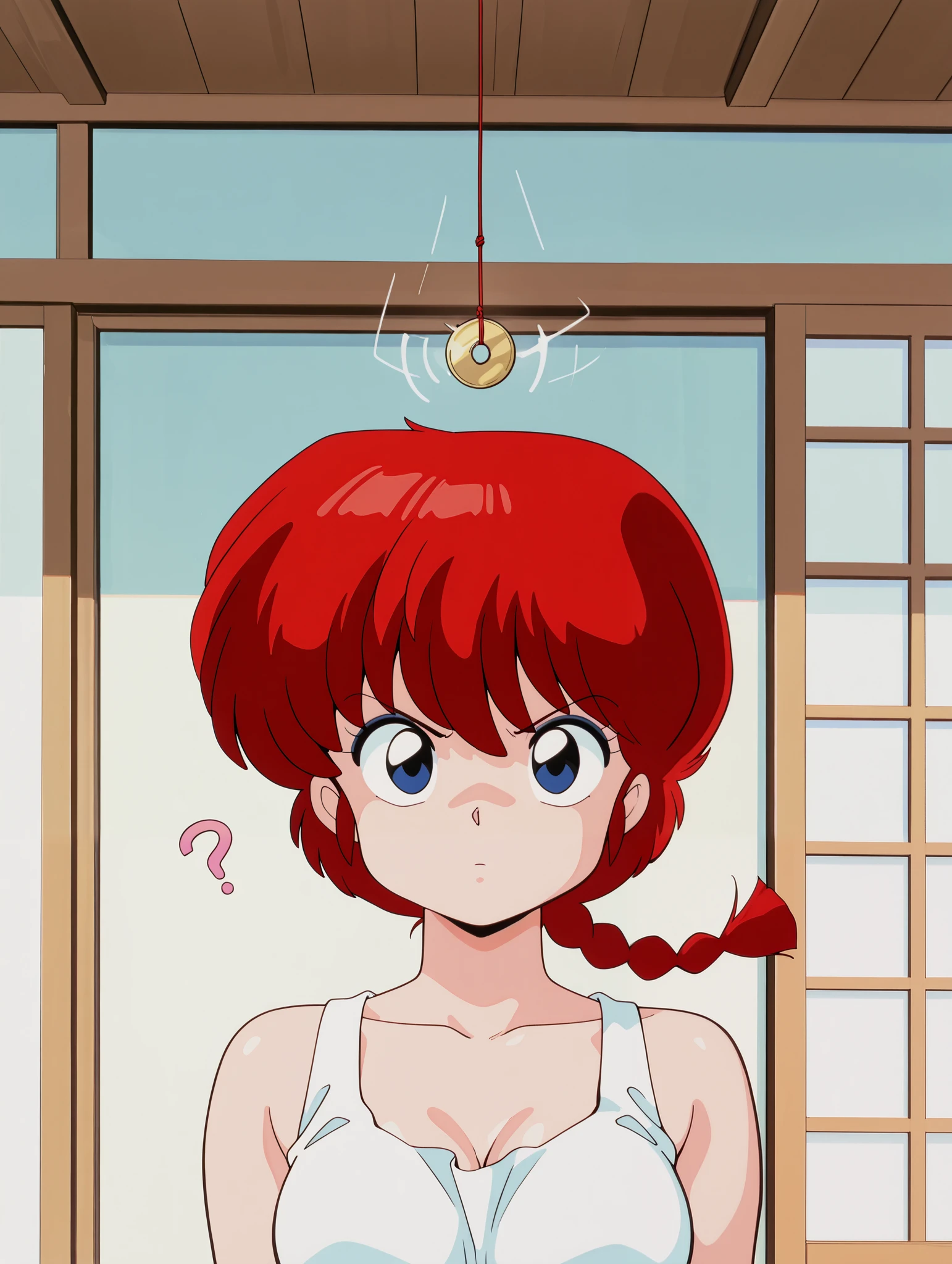 masterpiece, best quality, newest, absurdres, highres, detailed eyes, beautiful, detailed background, perfect eyes, anime coloring, retro artstyle, 1990s \(style\), 1girl, solo, ranma-chan, red hair, long hair, single braid, blue eyes, medium breasts, gym shorts, white tank top, japanese home, indoor, (((?))), angry, looking at viewer, pendulum, holed coin, coin on string, hypnosis, mind control, coin, portrait
