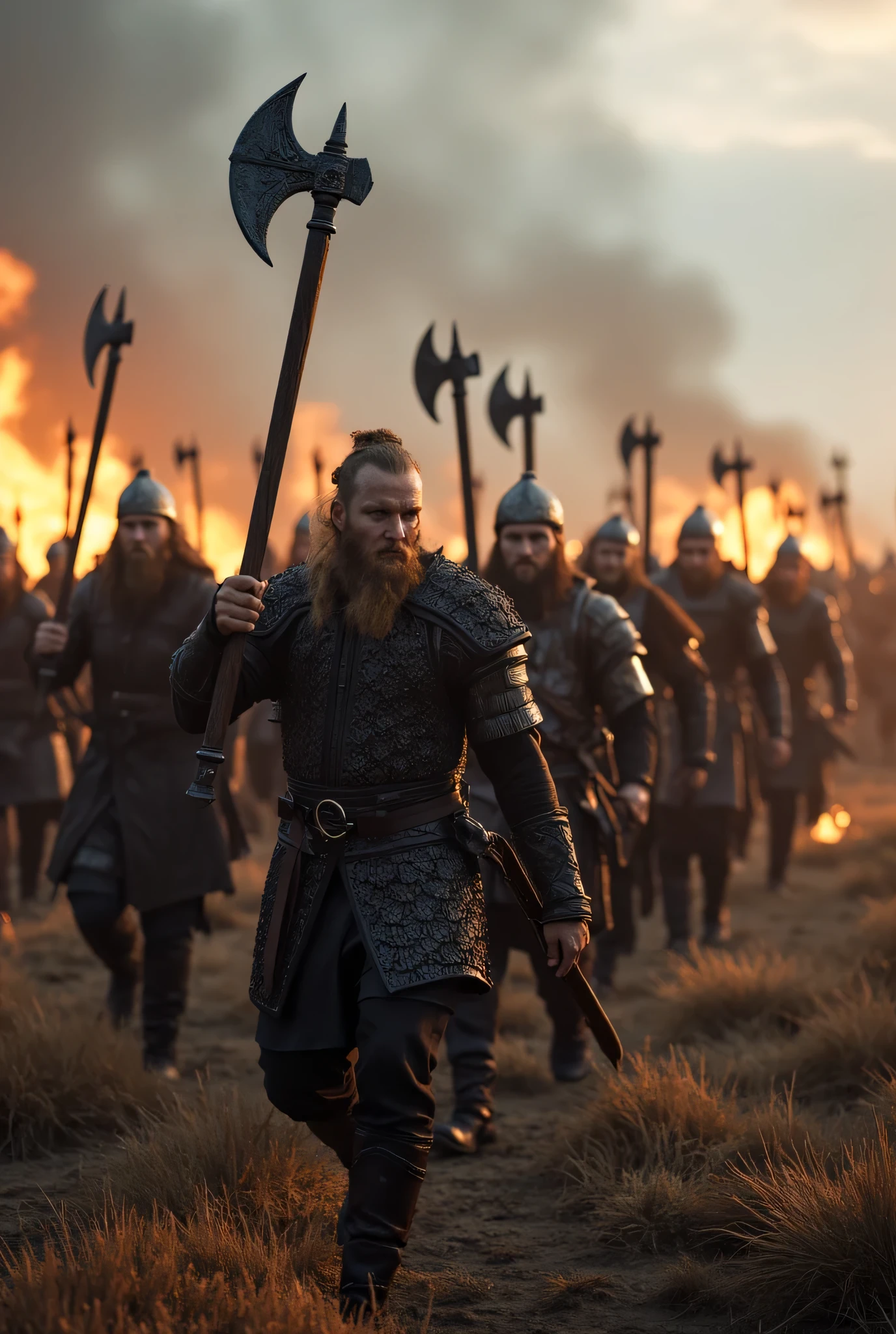 **Prompt:** Create an intricately detailed landscape scene of a Viking raiders tribe army during the medieval age, showcasing hyper-realism and a symmetrical composition. Capture the scene from an ultra-wide angle to immerse the viewer in this burning medieval village scenery. Illustrate the Viking raiders, clad in full armor, as they march into battle with fierce determination, wielding intricately designed holding battle axes. Emphasize dynamic leading lines that guide the eye through the image, highlighted by a rich UHD ambiance and a mixed lighting concept that enhances the realism of their expressions. Pay special attention to accurate group of human anatomy, focusing on their hands as they march orderly for combat. Zoom out to reveal the entire battle unit in all its fierce, ensuring a depth of field that enhances the visual impact. Utilize state-of-the-art 3D CGI textures to vividly bring this Viking tribe to life in a visually stunning piece of FantasyPunkAi Artwork.
