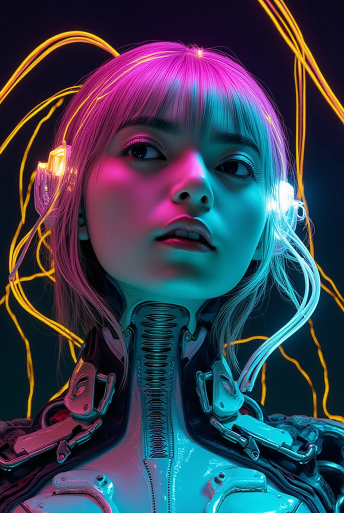 (8k, RAW photo, highest quality), Abstract style mysterious figure emerges from the shadows in a tangled mess of iridescent wires and glowing mesh, face hidden behind layers of glitched wavy distortions, non-representational, colors and shapes, expression of feelings, imaginative, highly detailed