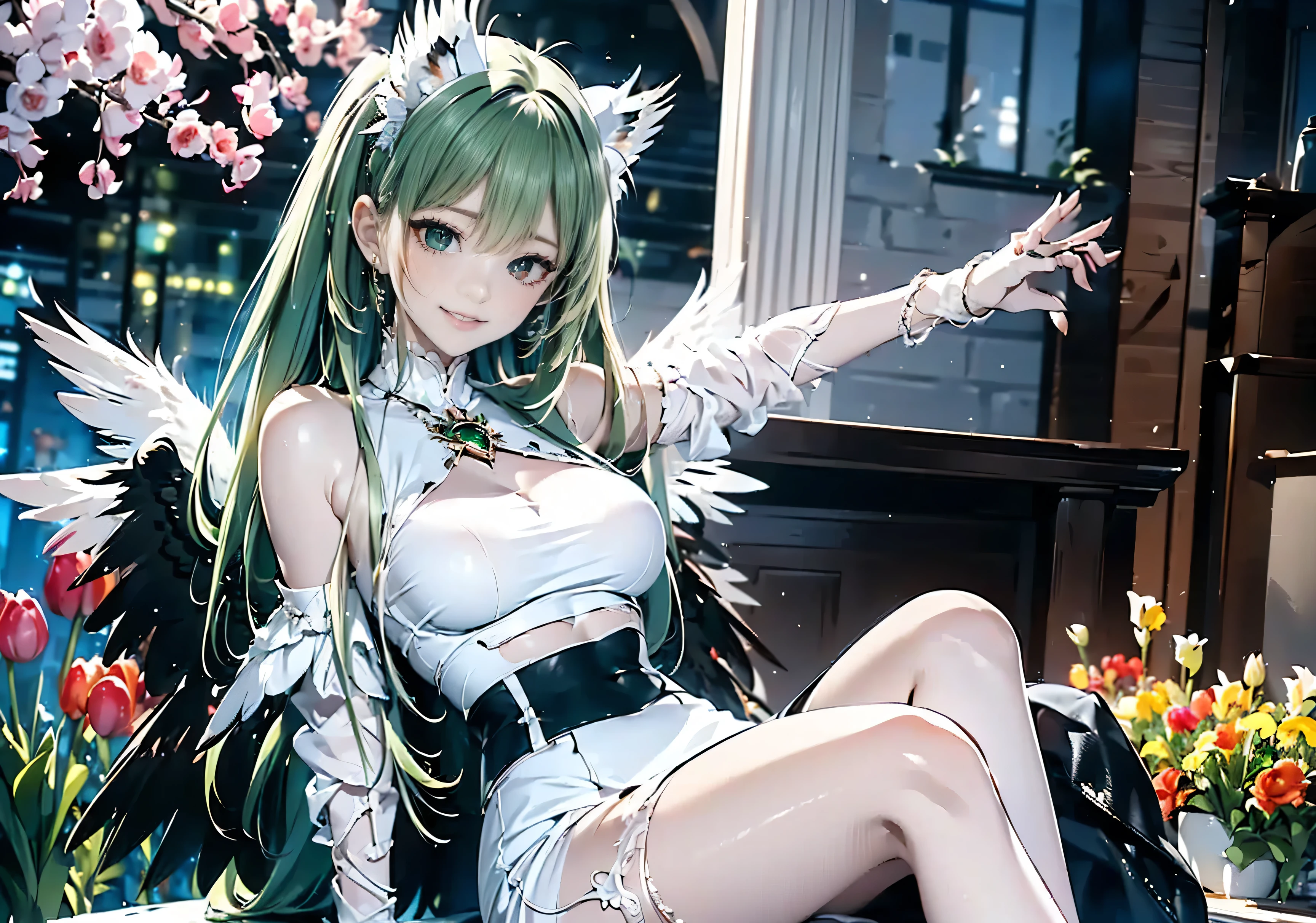 Top quality, (8k, highly detailed CG unit wallpaper, masterpiece, high resolution, top quality, ((hawkish odd-eyed high school girl)), (((iris heterochromia, red eyes, green eyes))), ((long platinum hair blowing in the wind))), clear and shiny white skin, top quality realistic textured skin, beautiful yellow green sweater, red tight skirt, ((hawk perched on her arm with wings outstretched)), ((falconer in training)), ultra realistic, increase resolution, RAW photo, highest quality, very detailed, wallpaper, cinematic lighting, ray tracing, golden ratio ▐), (happy and smiling: 1.4), beautiful, cute, perched on her arm, (sprightly little breasts), sitting with legs stretched out in a beautiful meadow \), break, background \((lots of colorful tulips), soft sunlight, bokeh, beautiful scene, \), anatomically correct depiction
