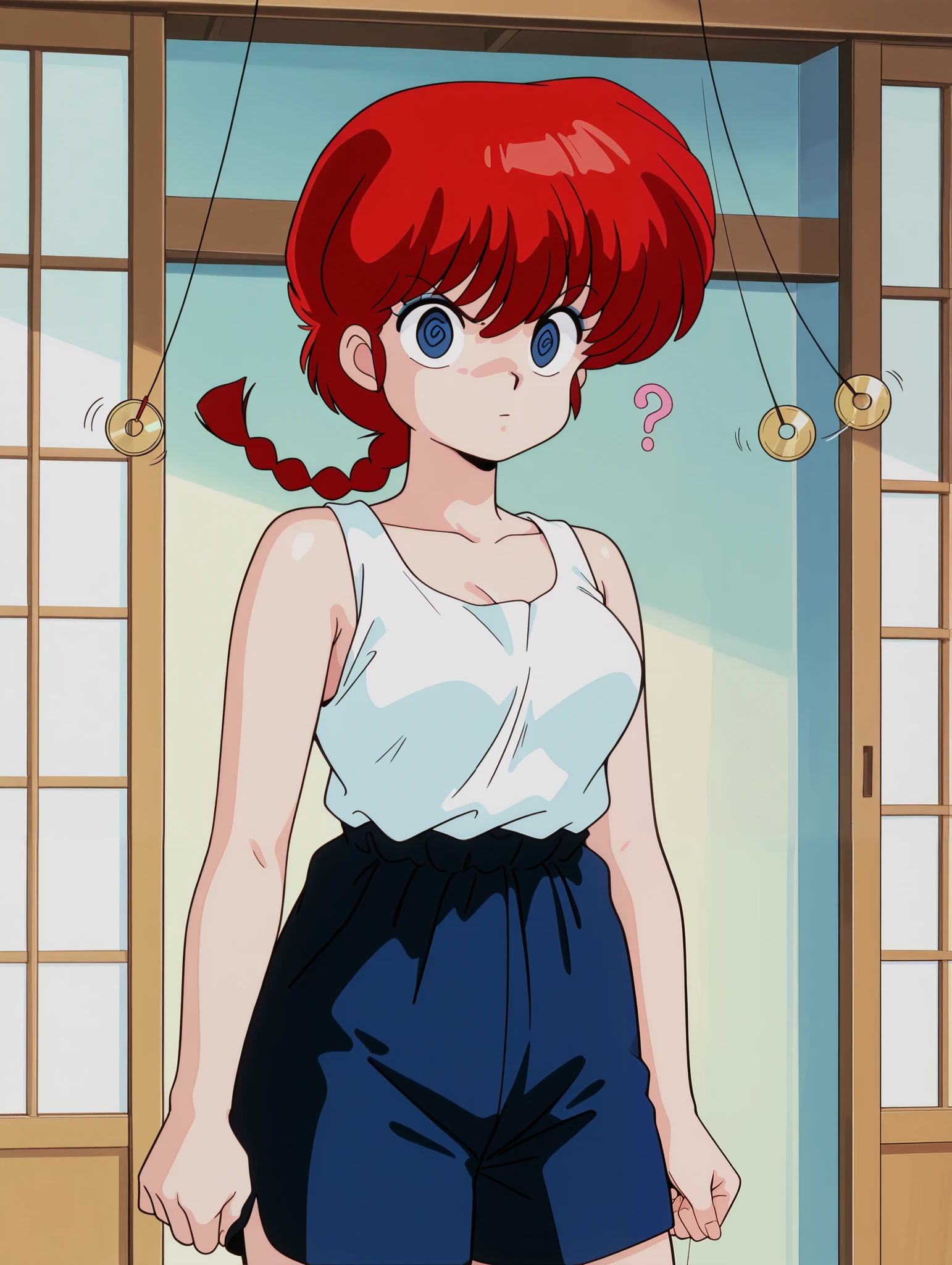 masterpiece, best quality, newest, absurdres, highres, detailed eyes, beautiful, detailed background, perfect eyes, anime coloring, retro artstyle, 1990s \(style\), 1girl, solo, ranma-chan, red hair, long hair, single braid, blue eyes, medium breasts, gym shorts, white tank top, japanese home, indoor, (((?))), angry, looking at viewer, pendulum, holed coin, coin on string, hypnosis, mind control, coin, @ @,