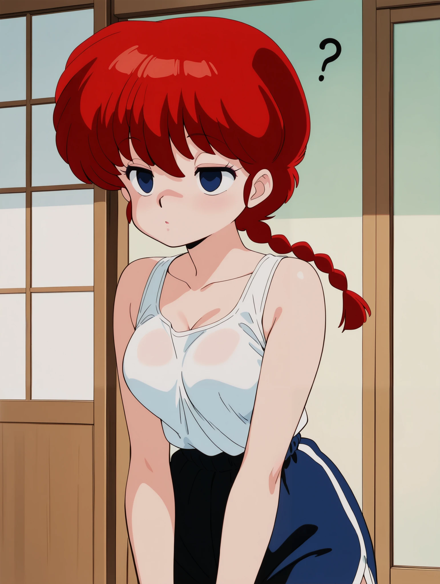 masterpiece, best quality, newest, absurdres, highres, detailed eyes, beautiful, detailed background, perfect eyes, anime coloring, retro artstyle, 1990s \(style\), 1girl, solo, ranma-chan, red hair, long hair, single braid, blue eyes, medium breasts, gym shorts, white tank top, japanese home, indoor, (((?))), (open mouth:0.7), empty eyes, half-closed eyes