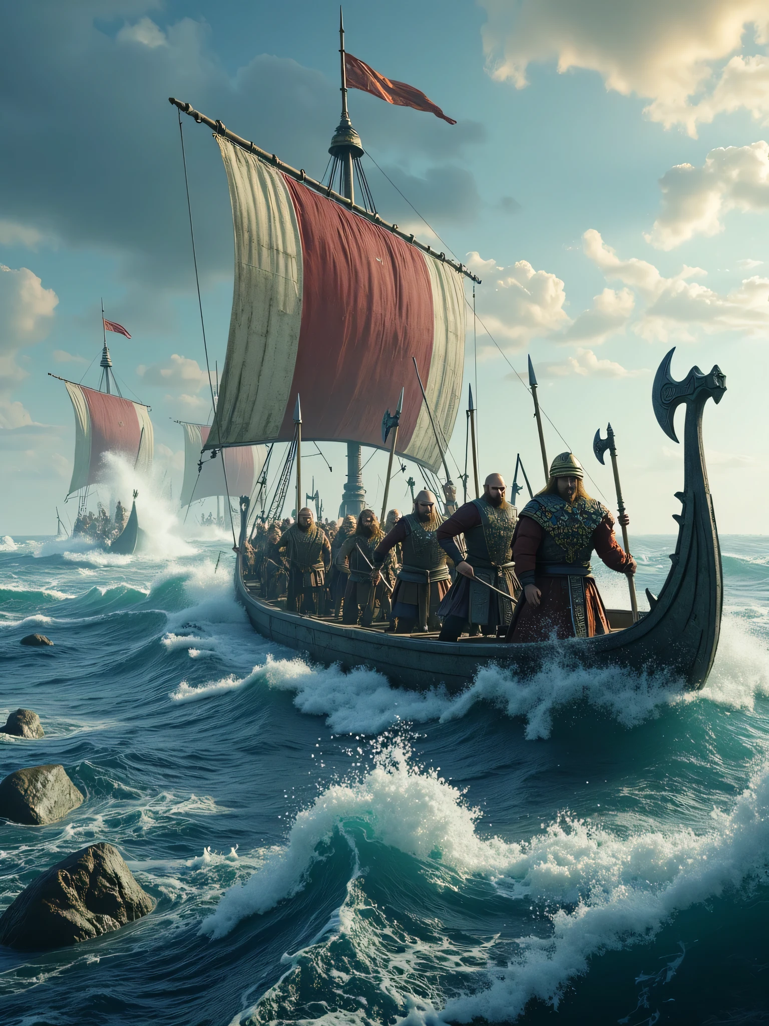 **Prompt:** Design a breathtakingly detailed landscape scene depicting a Viking seafaring army navigating the long wooden boat on the tumultuous waters of the medieval North Sea. Showcase hyper-realism in the composition, featuring a long size Viking long dragon wooden boat slicing through crashing waves. Capture the action from a panoramic ultra-wide angle to fully immerse the viewer in the dramatic, stormy environment. Illustrate the Viking sailors in elaborate, historically-accurate armor, standing in organized battle formation, with intricately crafted battle axes raised in readiness for the impending conflict. Focus on dynamic leading lines within the composition that draw the viewer's gaze across the scene, accentuated by a rich UHD color palette that creates an atmospheric contrast between the roiling sea and the warriors. Pay particular attention to the anatomy of the sailors, highlighting the strength and resolve in their hands as they prepare for battle. As you zoom out, ensure the entire regiment is depicted in all its fierce glory, maintaining a depth of field that amplifies the visual impact. Utilize cutting-edge 3D CGI textures to breathe life into this depiction of Viking valor, creating a visually stunning FantasyPunkAi artwork that captures the essence of an epic sea battle.