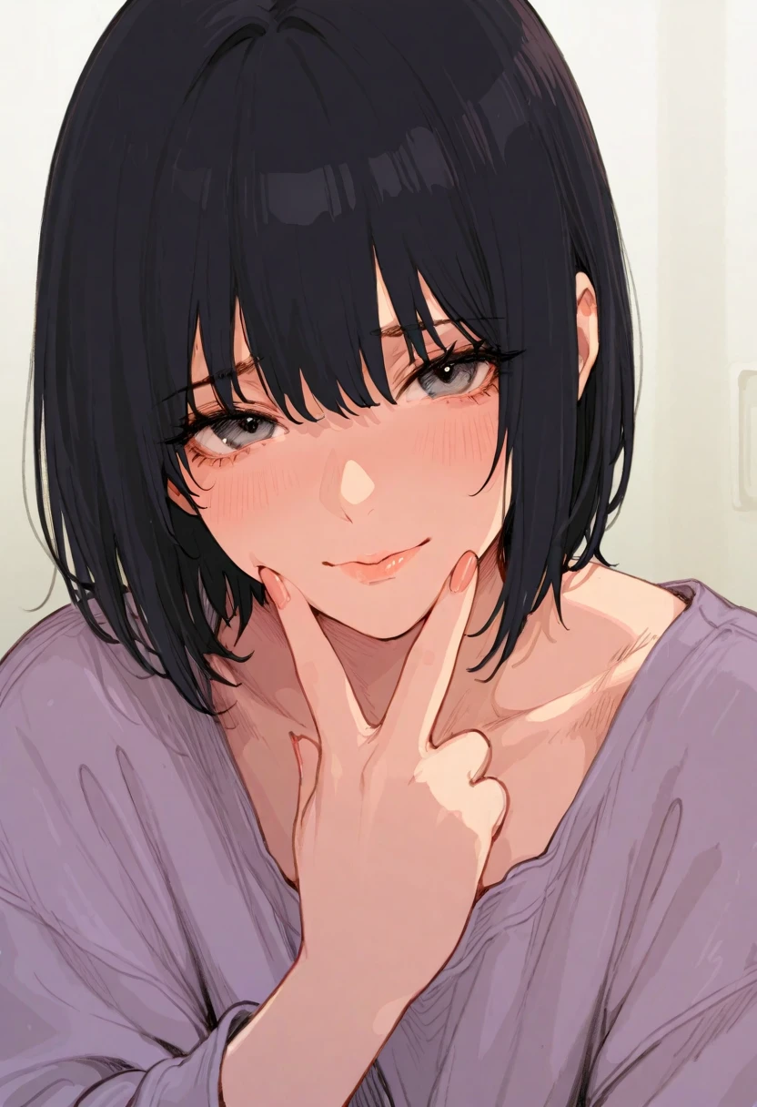 A soft and cozy anime-style illustration of a young girl with long, slightly messy black hair and deep gray eyes. She has a gentle expression with a faint blush on her cheeks, giving a subtle, melancholic yet warm vibe. She is making a peace sign near her face ,The color palette consists of muted, desaturated tones, giving a nostalgic and comforting atmosphere. The art style is sketch-like with fine, delicate linework, and soft shading, evoking an emotional and intimate mood.