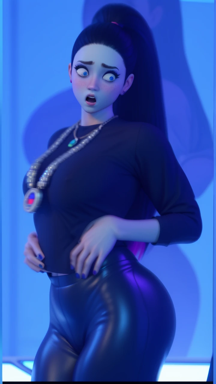 ((Best quality, 8k, Masterpiece :1.3)), Whole body, Sharp focus :1.2, A pretty woman with perfect figure :1.4, Slender abs :1.2, ((Dark brown hair, Big breasts :1.2)), body dress :1.1, (Night city view, Modern balcony :1.1), Highly detailed face and skin texture, Detailed eyes, Double eyelid, Small Bust, OL Uniform, Office Wear, white T-shirt, exposed cleavage, (Black Pantyhose), (No Panties), Interior Scene, Office