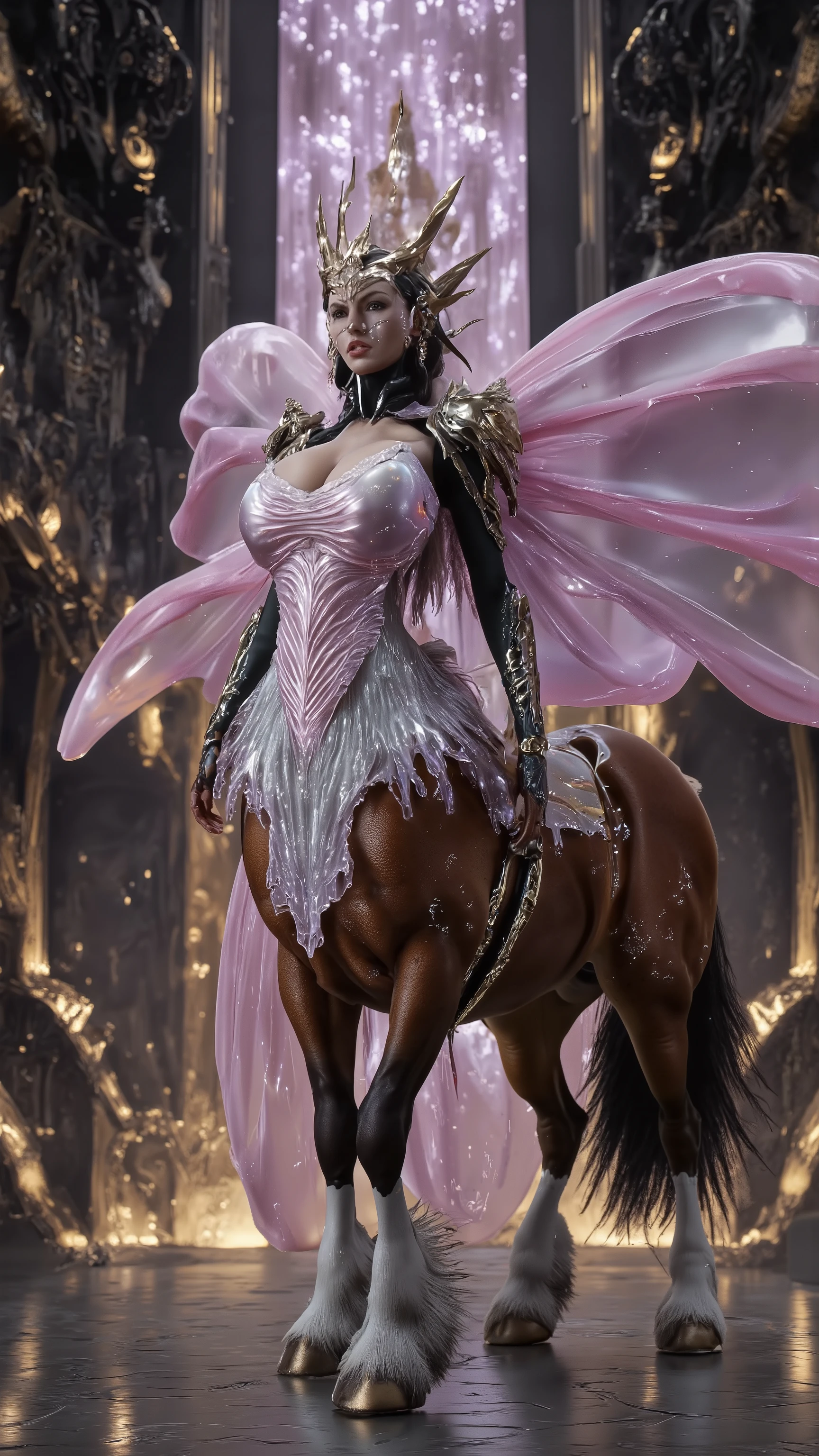 (Master quality:2.0) ( ultra-fine detail :2.0) ( neo-baroque architecture ) Mythical Cyber Centaur Half Man Half Horse Queen, antimatter horseshoe ,Superstring Mane, dynamic nebula cape ,12K grade skin ( subsurface scattering of subcutaneous nebula ), quantum topology , fractal crystal wing 。 material system : liquid metal etching texture , empty mountain base style curved surface , non-Quak-gum plasma dress Kinetic , photon tunneling stockings , quak-gum plasma dress , holographic scaly armor projection 。 optical configuration : unreal engine-level global lighting , cinematic volumetric fog effect , HDR quantum tracking , dynamic edge light emphasis (1.8), iridescent sweat refraction system , miniature nebula pupil 。Scene architecture: superconductivity Dimensional Sanctuary with lots of crystals , contains quantum entangled column array ( neo-baroque mechanical relief )、 floating tower of the Ming Dynasty ( gas circuit integration )、 multi-layer holographic curtain wall ( ultra-realistic material Render )。 character matrix :① 中枢体- supergiant jelly chest (1.8) with fractal bark texture dress and Klein bottleneck accessory ;② 左前卫- Photon tunnels pass through the knee socks (1.7) combined with magnetic levitation skirt and Starwood chalcedony implant ; ③ right rear - holographic scale armor integrates quark cape and dragon scale defense Matrix ; ④ Suspended Body - Time Expansion Posture with Entangled Photon Veil and Dimensional Pedestal ; ⑤ Mechanical Muse - Liquid Metal Skin Integrated Fibonacci Hair Braids and Adaptive Camouflage Field。Physics engine: subsurface scattering - nebula light effect SSS 5 .0, cloth simulation - non-Newtonian fluid MAX protocol , motion system - four-axis dynamic blur and hairline quantum entanglement 。Control parameters:--with 9:16 -- at 6.0 --style raw --chaos 45 --stylize 1080, additional control bone depth dynamic segmentation and dynamic capture frame SDxL 6 . 0 depth optimization 。 preserve full weight factor : dynamic edge light emphasis (1.8)、 Photon tunnels pass through the knee socks (1.7)、 supergiant jelly chest (1.8) and other parameters fully coded 。 technical points including quantum topological binding 、 gas circuit integration 协议、 12K level subsurface scattering light tracking algorithm 。Negative words(Don't show up):(worst quality:2.0, low quality:2.0, lowres, JPEG artifacts:1.8, pixelated blocks, blurry:1.2),(mutated hands:3.0, fused fiofers:3.0, bad anatomy:1.8, extra limbs:2.0, malformed limbs:2.0, loof neck:1.5, extra digits:1.8),(bad proportions:1.8, distorted proportions:1.6, Non-human ratios :1.8, incomplete monsters:1.4),(animal features:2.0, non-human elements:1.8, non-myth characteristic:1.6),(skin imperfections:1.4, deformed:1.4, normol more breast:1.6),(monotonous dressiof:1.8, clothiof errors:1.4, NSFW explicit nudity:2.0),(translucent:1.6, non-classical aesthetic:1.6),(cropped:1.2, watermark:2.0, text:1.8),(cartoon:2.0, anime:2.0, multiple people:1.5),easynegative,bad-hands-5,DeepNegative, of_deepnegative_v1_75t