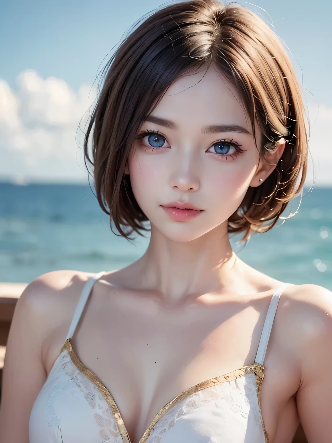 One Girl,(1人のとてもcute:1.3),masterpiece,Highest quality,High resolution,From below,Low - Angle,Photorealistic,RAW Photos,Ray Tracing,Physically Based Rendering,beautiful girl,(:1.3),cute,Big eyes,(detailed pupils:1.2),(The face is facing straight ahead:1.3),Body facing forward,Beautiful nose,High nose,Upturned nose,Fuller lips,Short blonde hair,ponytail,short hair,Detailed eyelashes,Thin eyebrows,Very fine grain definition,(Symmetrical eyes,Golden Ratio:1.3),(Face close-up,Face Focus:1.0),Small breasts,Short neck,White swimsuit,White Bikini,Ocean,Southern Island,Blue sky,White cloud,Portrait,View Viewer,Upper Body,Cinema Lighting,High resolution,Very detailed