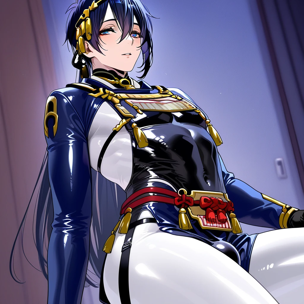 masterpiece, highest quality,High resolution,,1 girl,saw 2, blue eyes, black hair, Low twintails and short cut,black tight suit,black rubber suit,put your hands on your hips,While standing, spread your legs wide apart,serious face,
