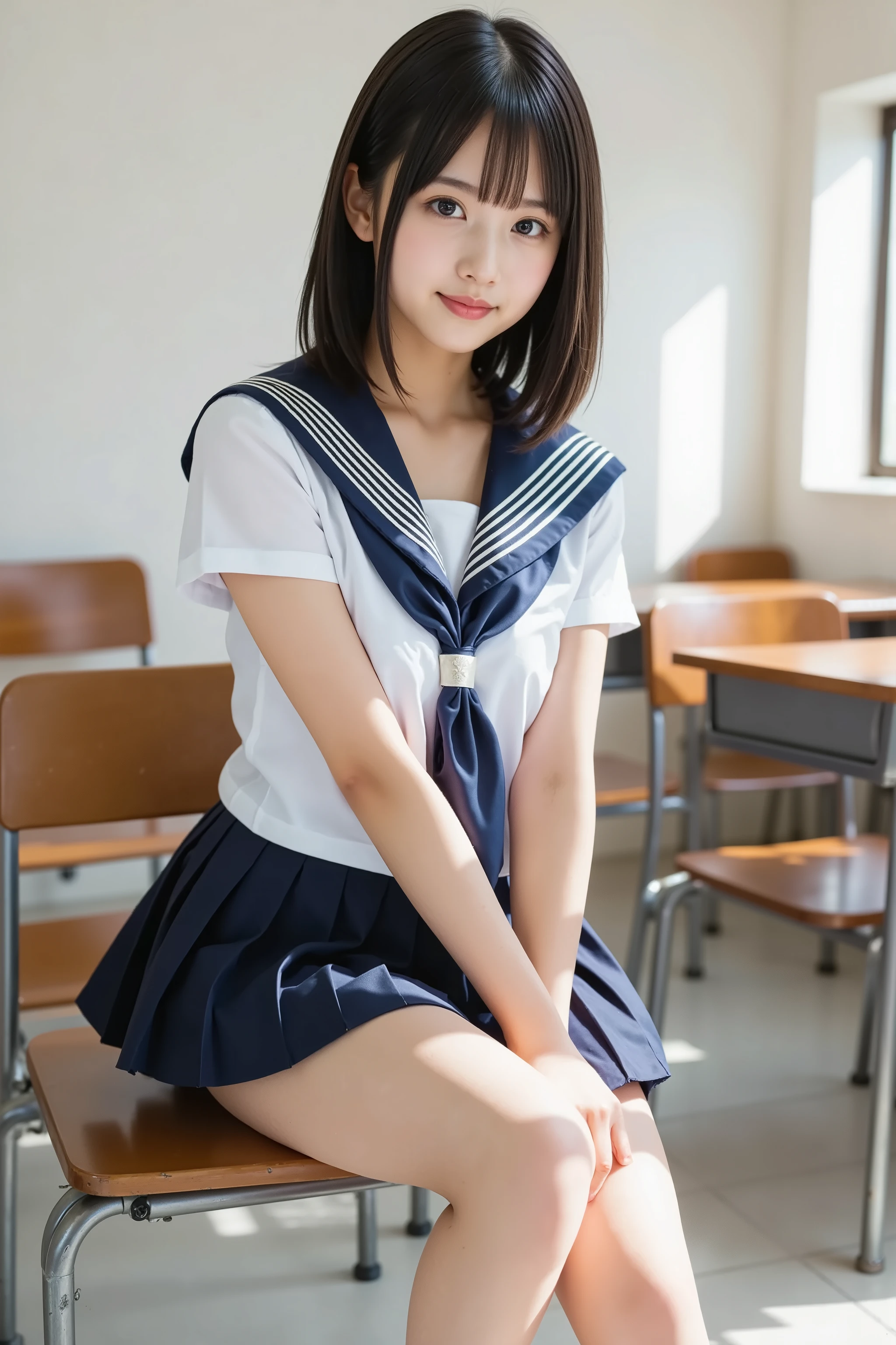 ((high quality,high resolution,High definition,8k)),School classroom,,Long Black Hair,Red ribbon on hair,Navy blue long skirt,Japanese Sailor Suit,White slippers,White socks,Study desk learning,((((very cute)))),(Clothed or nude),(((perfect pussy))),