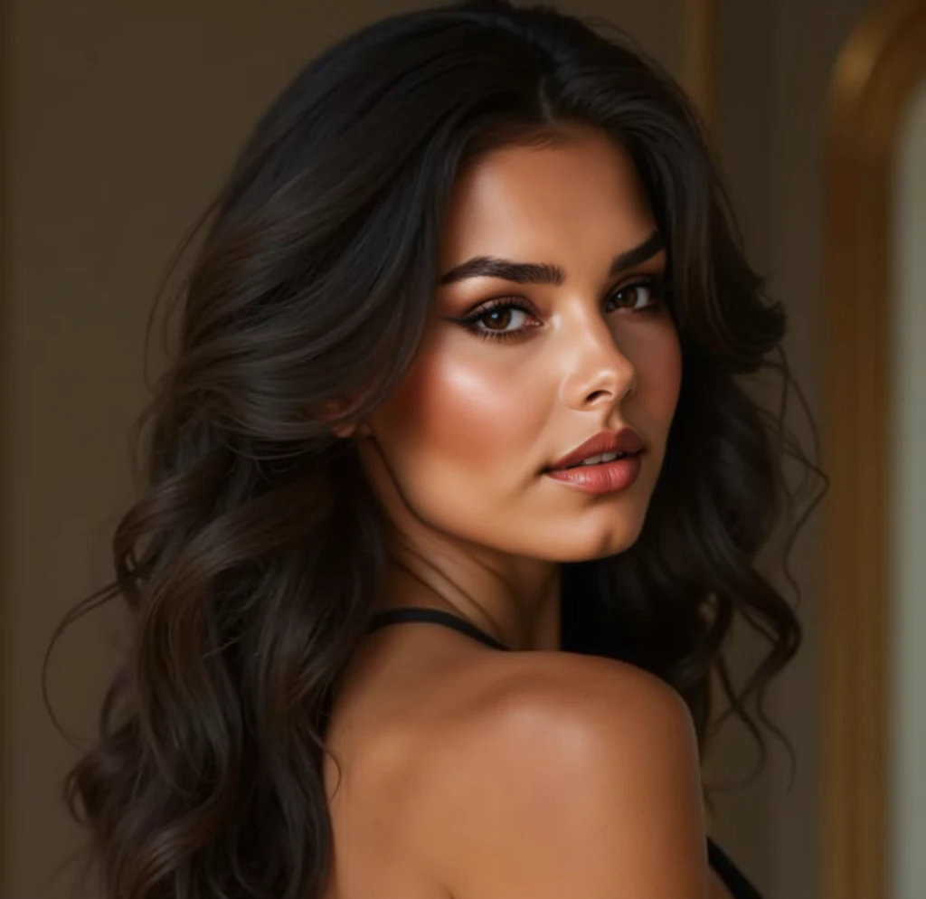 Eva Mendes with 23 years(, incredibly absurd long brown hair, ultra-detailed, CG, unit, wallpaper 8k), (masterpiece), (realistic), (photorealistic: 1.2), (raw photo: 1.2), (best quality: 1.2), (detailed face: 1.4), (beautiful detailed eyes: 1.2), (detailed hair), light on face, huge file size, cinematic lighting, 1 girl, sexy, nsfw, eyeliner, kawaii, student, long hair, brown hair, ((wavy hair)), hair ornament, ((light blush)), ((soft under the eyes)), ((expressionless eyes)), blue eyes, ((large breasts)), fashi-g, red lips, makeup, shirtlift, ((black sweater dress)), black knees, high heels, jewelry, earrings, necklace, looking at the viewer, depth of field,