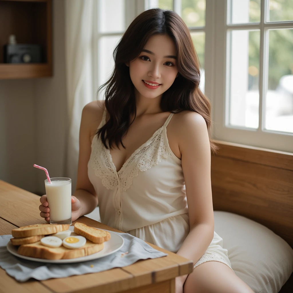(best quality,4k,highres,masterpiece:1.2),ultra-detailed,realistic,a girl,enjoying her morning breakfast, very small breasts, tiny, skinny, beautiful detailed eyes,beautiful detailed lips,extremely detailed face,long eyelashes,eating sausages,talking,using a fork to pick them up,drinking fresh milk,wearing a cute pajamas,accidentally chokes on it,a cozy kitchen scene with sunlight streaming in,smiling,happy,golden brown sausages,soft and fluffy pancakes,crispy bacon,sunny-side-up eggs,steaming hot coffee,juicy orange slices,bright and colorful tablecloth,floral wallpaper,freshly brewed aroma,airy and spacious kitchen,comfortable and inviting atmosphere.