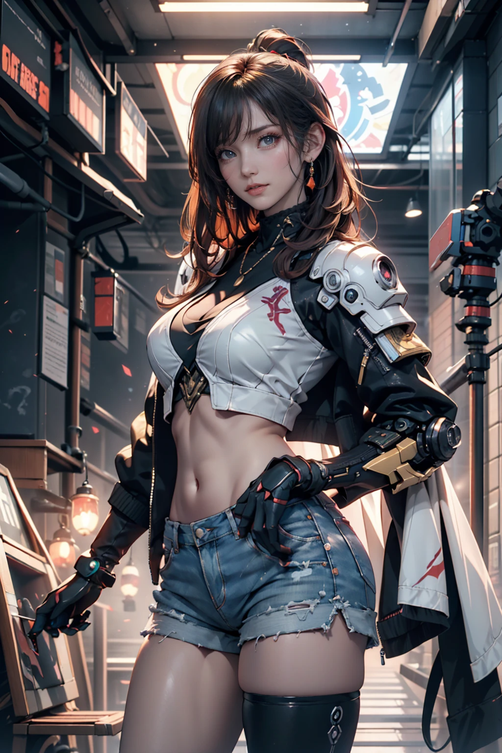 hyper realistic, masterpiece, very detailed, sci-fi, dystopian, (beautiful eyes ), (bangs), brunette, Woman, detailed face, detailed skin, baggy clothes, thigh high socks, skirt, cyberpunk, soft light, subsurface scattering,((skyline)), cumulonimbus clouds, busy street, polluted, dust,