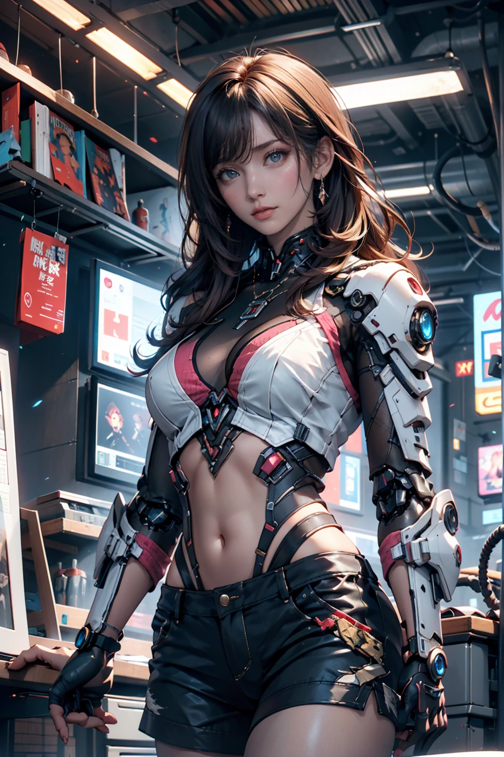 Virtual image,Realistic 8K images,hips up,Masterpiece,Complete Anatomy,Complete dynamic composition,morning sun,Light hits the front,young woman with long brown hair,Tattoos on the upper arms and stomach,cybernetic robot((Red and white cyberpunk robot)),headset,Headphones with glowing lights,glowing headphones,Bikini body - white_orange_gold_metal,,white tank top,The background of the giant gear is deserted at night..