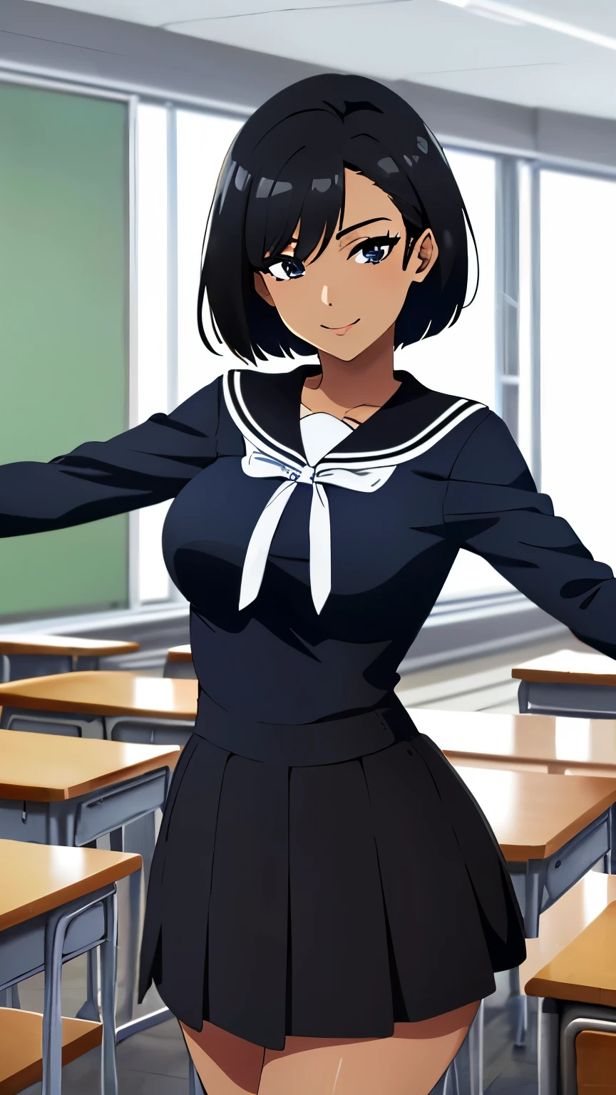 (Top quality, masterpiece, 8k), (anime coloring:1.2), very detailed, very detailed, perfect face, beautiful eyes, perfect eyes, detailed eyes, detailed face, ultra-detailed, detailed eyes, symmetrical eyes, sharp details, 1 girl, solo, African American, black woman, (black skin:1.1), (mature face:1.1), (short hair), (black hair), (false eyelashes:1.2), (medium breasts:1.5), 18 years old, healthy skin, slim, slim body, (highschool girl, white sailor suit, white long sleeve, navy blue ribbon, black skirt, classroom, smile), (cowboy shot:1.3), (dynamic pose), looking at the viewer, in the center of the image