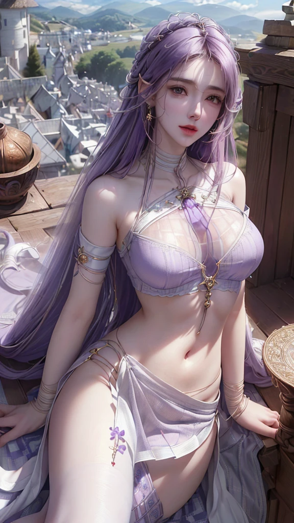 one American girl, realistic green eyes, long light purple lilac hair, large tits, large chest, cleavage, draped in white fabric with gold accessories, gold jewelry, high cheekbones, close up, masterpiece, best quality, looking at viewer from behind over the shoulder, plump lips, oriented to the left,  purple sky with soft stars with bright large full moon directly behind woman, zoomed out 