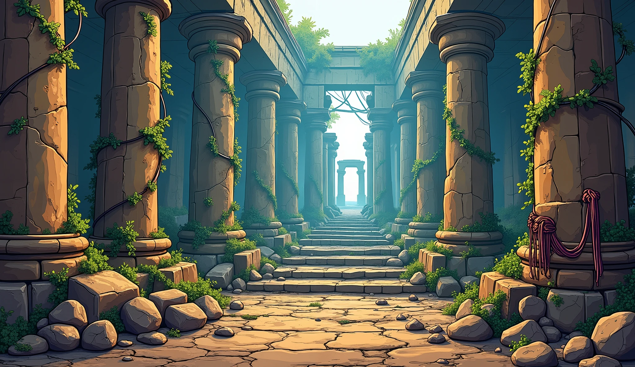A mysterious, old abandoned temple in ruins, with towering stone pillars—some of them broken or crumbling. Large rocks and debris are scattered across the scene, showing signs of past destruction. Vines and tendrils creep over the structure, weaving through the cracks and wrapping around fallen pillars. The atmosphere feels eerie yet captivating, with soft ambient light filtering through the gaps in the temple walls. The art style is cartoonish or vector-illustrated, with clean lines and bold colors, making the details stand out while keeping a stylized aesthetic.