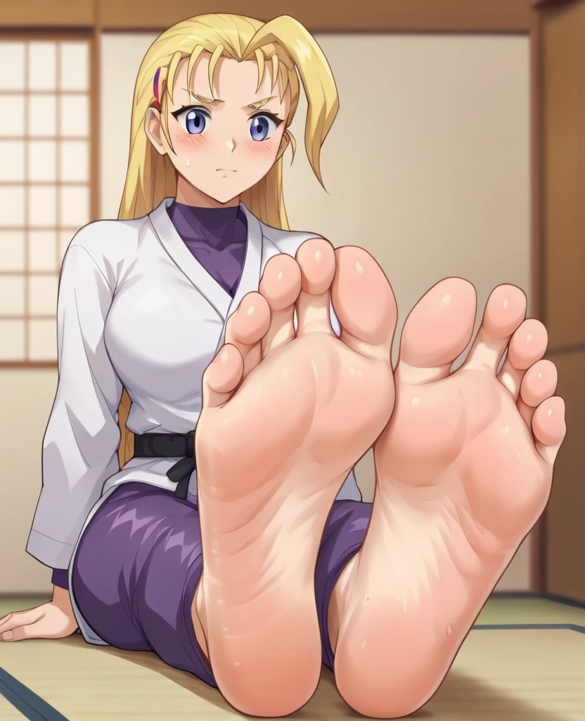 Miu furinji, blonde hair, blush, sitting, showing two feet soles, Foreshortening, feet soles in foreground, karate shirt, black belt, purple spandex clothes, busty, wide neckline