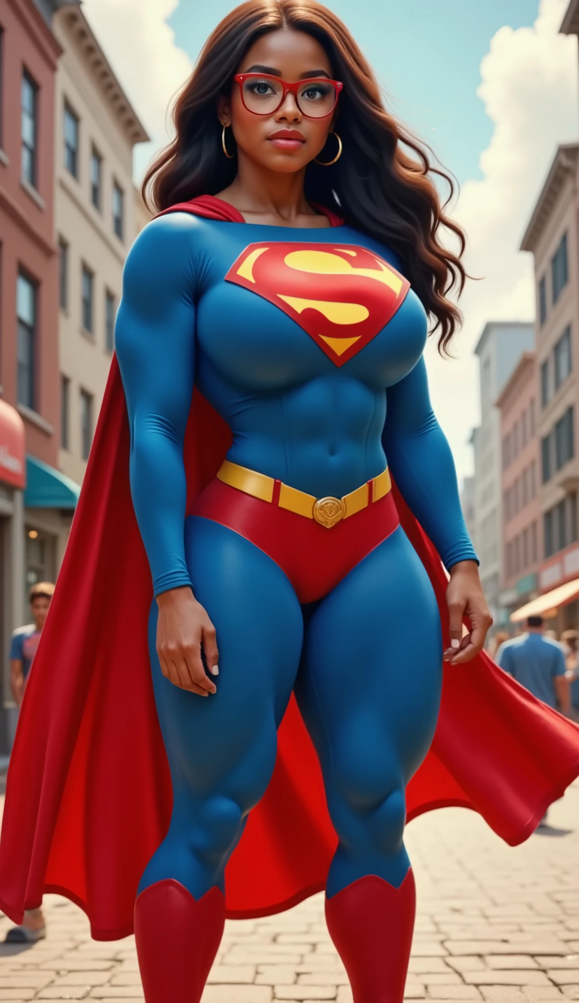 1girl africana, girl africana, peito grande, Seios enormes, seios grandes, Curvilinear waist, coxas grossas, coxas musculosas, body curvy, corpo suculento, seios gigantescos, massive breasts, coxas musculares, medium hair, Hair escuros, pale-skinned female, Cabelo amarrado, POV Vision, olhos azuis, Mature female, seios pesados, seios cheios, bunda grande, coxas cheias, bunda cheia, roupa supergirl, corpo voluptuoso, voluptuous female, Abs, foco corporal, peito enorme, peito grande, bumbum grande, coxas grandes, bra edge visible, provocando a telespectadora com seus seios, face madura, MILF, Curvilinear waist, coxas suculentas, coxas musculosas, juicy baby, superheroine lady, uniforme de superheroina, uniforme supergirl super sexy, grande decote, Caminhando em uma avenida movimentada, sardas no rosto