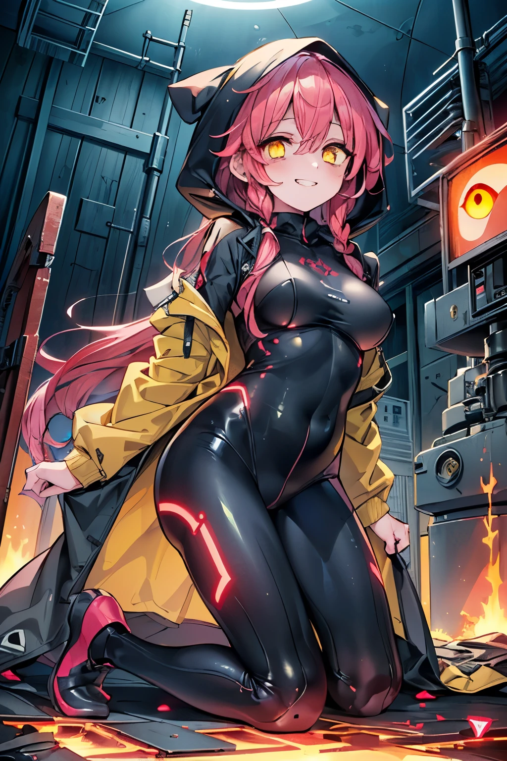 front, 1girl, pink hair, short pink hair, bright pink skin, black sclera, small horns (yellow), medium breasts, bright cyberpunk clothes, large coat with hood up, cybernetic augments, sitting on bench, crying, rain, rain drops, street dystopian atmosphere, night time, neon lights, wet hair, glistening suit, glistening skin, neon lights overhead