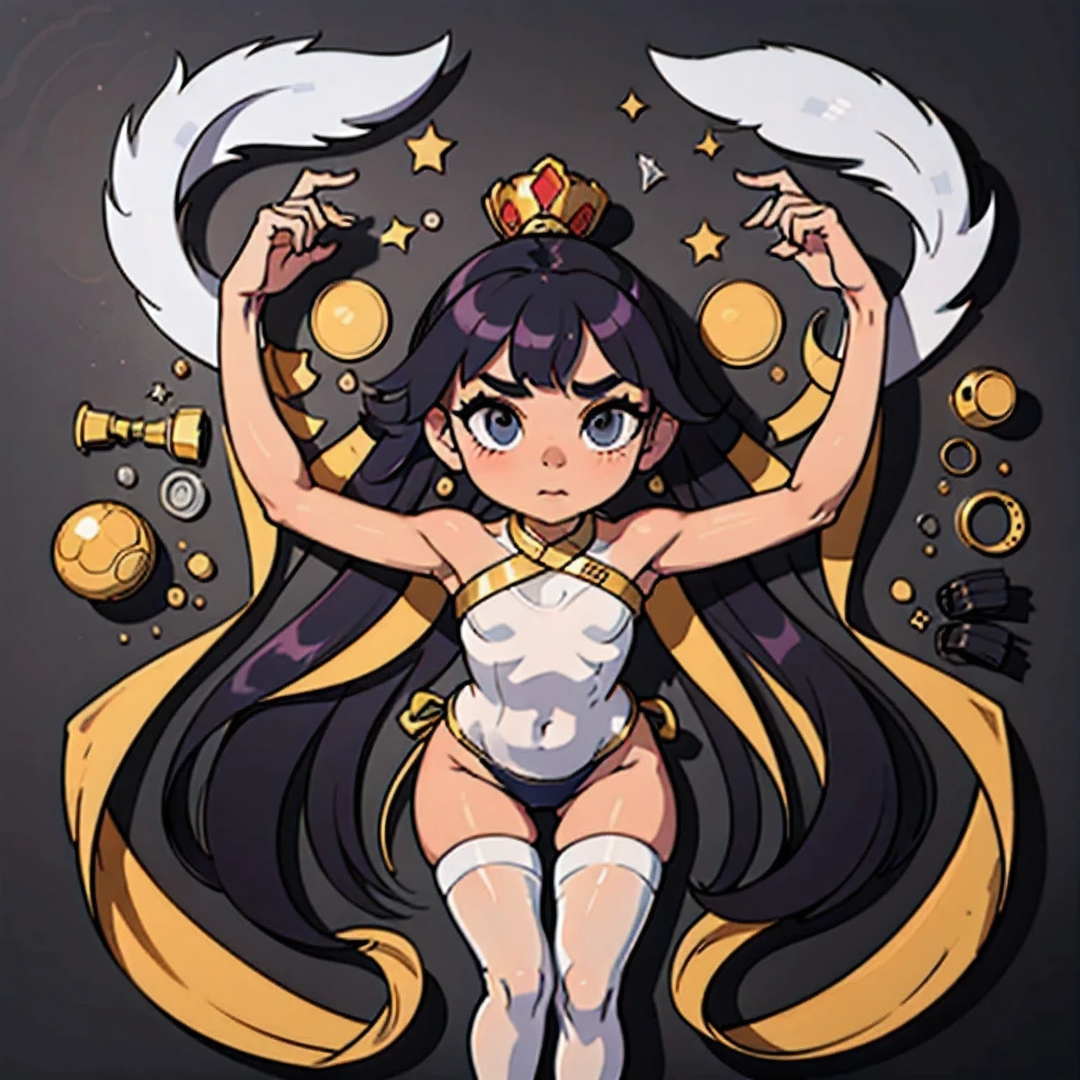 (Perfect body),Best Quality,(8K Portrait),(anime screen cap)、((Police Woman)),blush,Sweat,((large udder))、(Dark hair),((bob cuts))、Yellow eyes,(((thick thighs))),((Navy blue leotard))、((A smile))、showing teeth、one eye closed、(((Chibi)))、kneeking