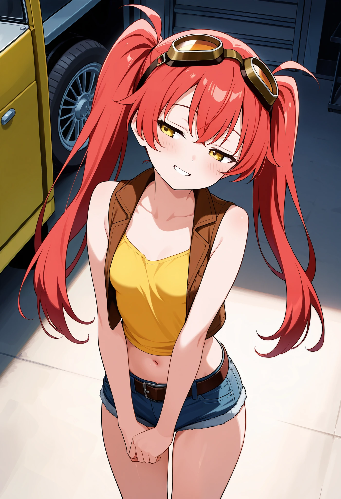 score_9, score_8_up, score_7_up, score_6_up, score_5_up, score_4_up, source_anime, tina, 1girl, solo, dwarf, yellow eyes, half-closed eyes, long hair, red hair, twintails, bangs, goggles, petite, small breasts, thicc thighs,be shy, smile, parted lips, front view, looking away, head tilt, yellow tank_top, navel, brown vest, open vest, denim short shorts, belt, holding spanner, cowboy shot, indoor, garage, standing, v arms, from above.