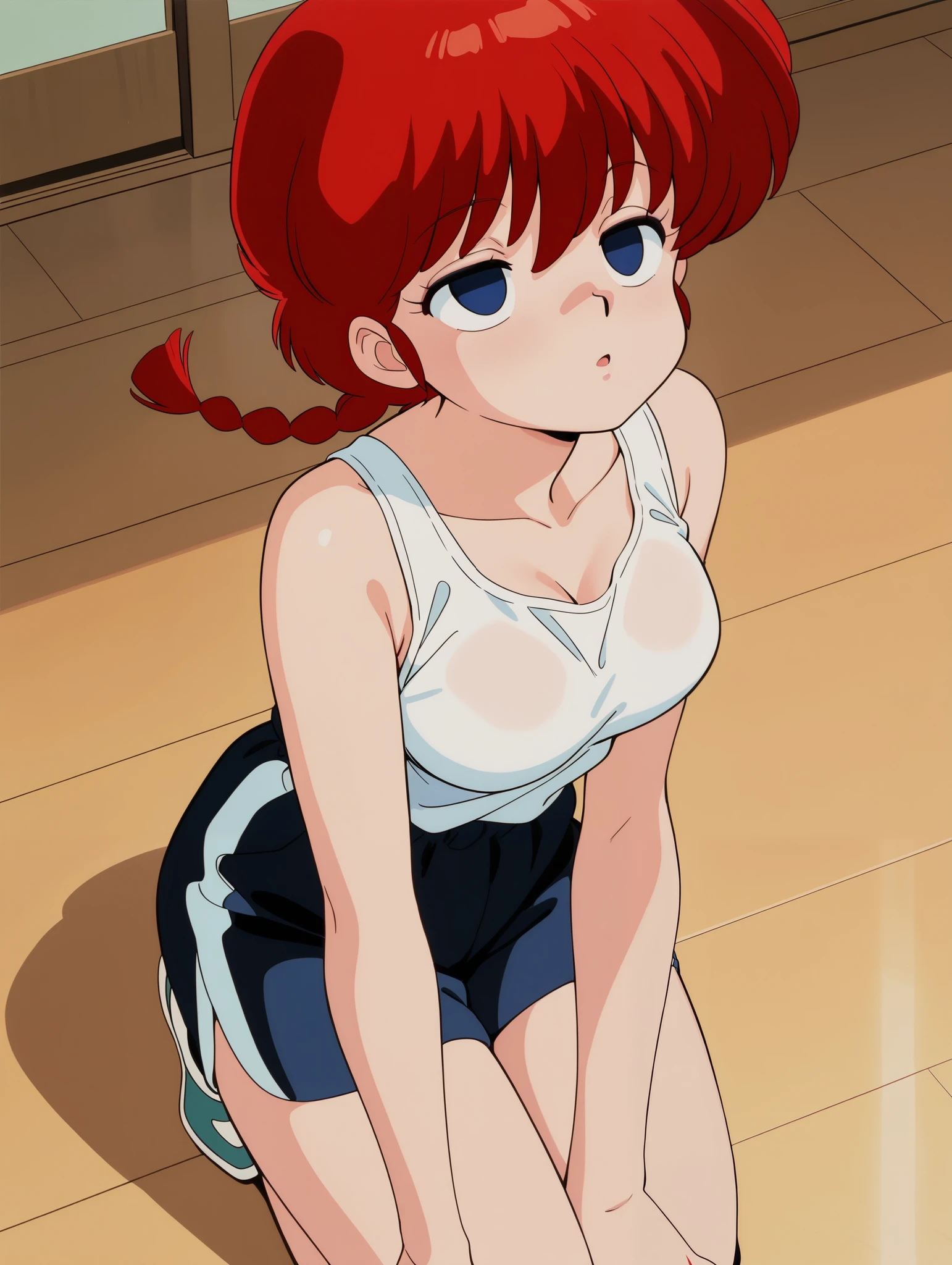 masterpiece, best quality, newest, absurdres, highres, detailed eyes, beautiful, detailed background, perfect eyes, anime coloring, retro artstyle, 1990s \(style\), 1girl, solo, ranma-chan, red hair, long hair, single braid, blue eyes, medium breasts, gym shorts, white tank top, japanese home, indoor, (((kneeling))), (open mouth:0.7), empty eyes, half-closed eyes, looking up, from above