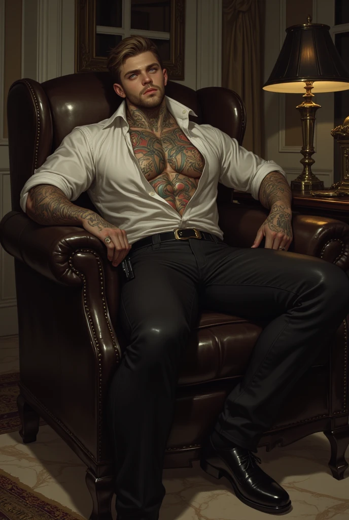 Very handsome tall blond man with green eyes, muscular body and tattoos, looking like a mafia man, sitting in an armchair