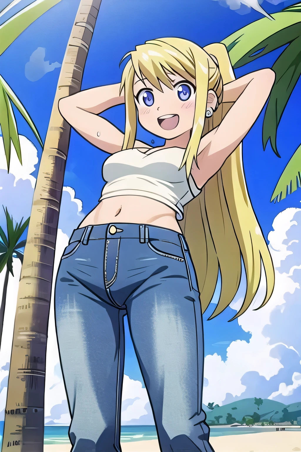 masterpiece,best quality,ultra detail, ((Perfect Face, Perfect Arms, Perfect hands, Perfect Fingers)), 1girl, , peti ((round face, ecstasy, orgasm face, drooping eyes, shame smiling, blush)), dropping eyes, sleepy, Open mouth, ((White teeth)), background((under the beach, (day:1.2), palm tree, bright sky)), winry rockbell, blue eyes, blonde hair, (long hair:1.4), ponytail, earrings, ((arms behind head, hands behind head, fingers behind head)), ((contrapposto)), spread armpits, looking at viewer,, (white tank top:1.2), (white crop top:1.2), (jeans pants:1.2, flares jeans:1.2, skinny jeans:1.2, blue jeans:1.2), standing, (legs spread:1.4), sex pose, Sweaty crotch, Steam from the crotch, from below, whole body