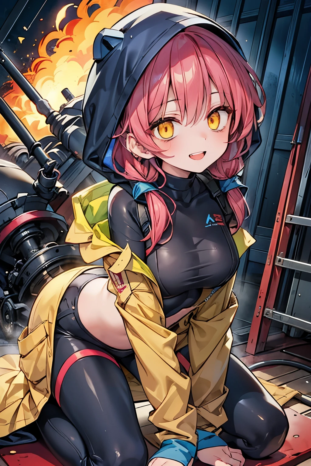 (Perfect body),Best Quality,16 K、NSFW、(((((Lori)))))、((((Short stature))))、blush、(V-shaped eyebrows)、:D、embarrassed from、((((Short hair))))、(hair messy)、waved hair、Ahoge、(Yellow eyes),((A pink-haired))、(yellow goggles)、Yellow Hair Clip、(head phone)、((Navy blue high-leg swimsuit))、(White knee socks)、(Pink gloves)、Yellow jacket、((bulging nipple))、(((thick thighs)))、Hands on the hips、Electronic space、