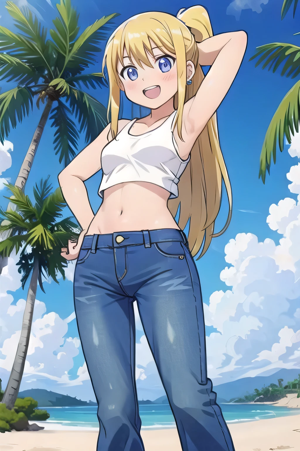 masterpiece,best quality,ultra detail, ((Perfect Face, Perfect Arms, Perfect hands, Perfect Fingers)), 1girl, , peti ((round face, ecstasy, orgasm face, drooping eyes, shame smiling, blush)), dropping eyes, sleepy, Open mouth, ((White teeth)), background((under the beach, (day:1.2), palm tree, bright sky)), winry rockbell, blue eyes, blonde hair, (long hair:1.4), ponytail, earrings, ((arms behind head, hands behind head, fingers behind head)), ((contrapposto)), spread armpits, looking at viewer,, (white tank top:1.2), (white crop top:1.2), (jeans pants:1.2, flares jeans:1.2, skinny jeans:1.2, blue jeans:1.2), standing, (legs spread:1.4), sex pose, Sweaty crotch, Steam from the crotch, from below, whole body
