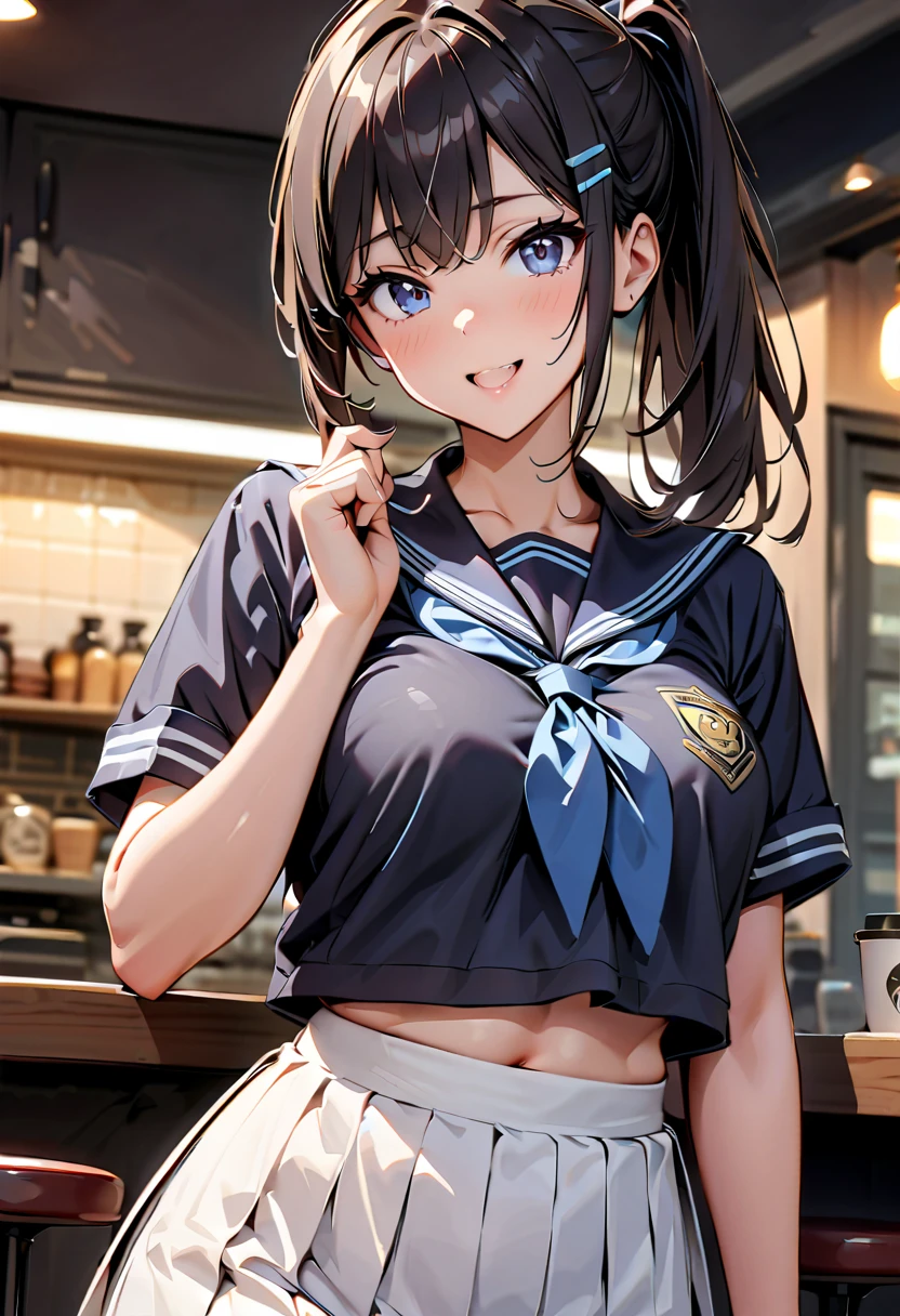 ((masterpiece,best quality)), highres, extremely detailed 8K wallpaper, depth_of_field, best shadow, (Colorful),(Delicate eyes and face), nice hand, Perfect hands, volumatic light, Ray tracing, BREAK
(1girl in), sixteen years old, hair: {Black hair, (Messy hair:1.2), Blunt bangs, long Hair, (Big hair:1.2)} Purple eyes, Sharp eyes, Big breasts, slender, skinny, Happy, blush, BREAK,
(wear white school uniform top over black playboy_bunny leotard:1.3), (sailor collar:1.5), (red tie:1.3), (fake animal ears), (Parted clothes at the top and bottom:1.2), (short sleeves:1.1), (black BunnyGirl Costume:0.8), (fishnet stockings:1.2), High heels, (rabbit_tail:1.2), BREAK,
Cowboy Shots, Looking at Viewer, stomach focus, inside the bar, Ultra detailed backgrounds,