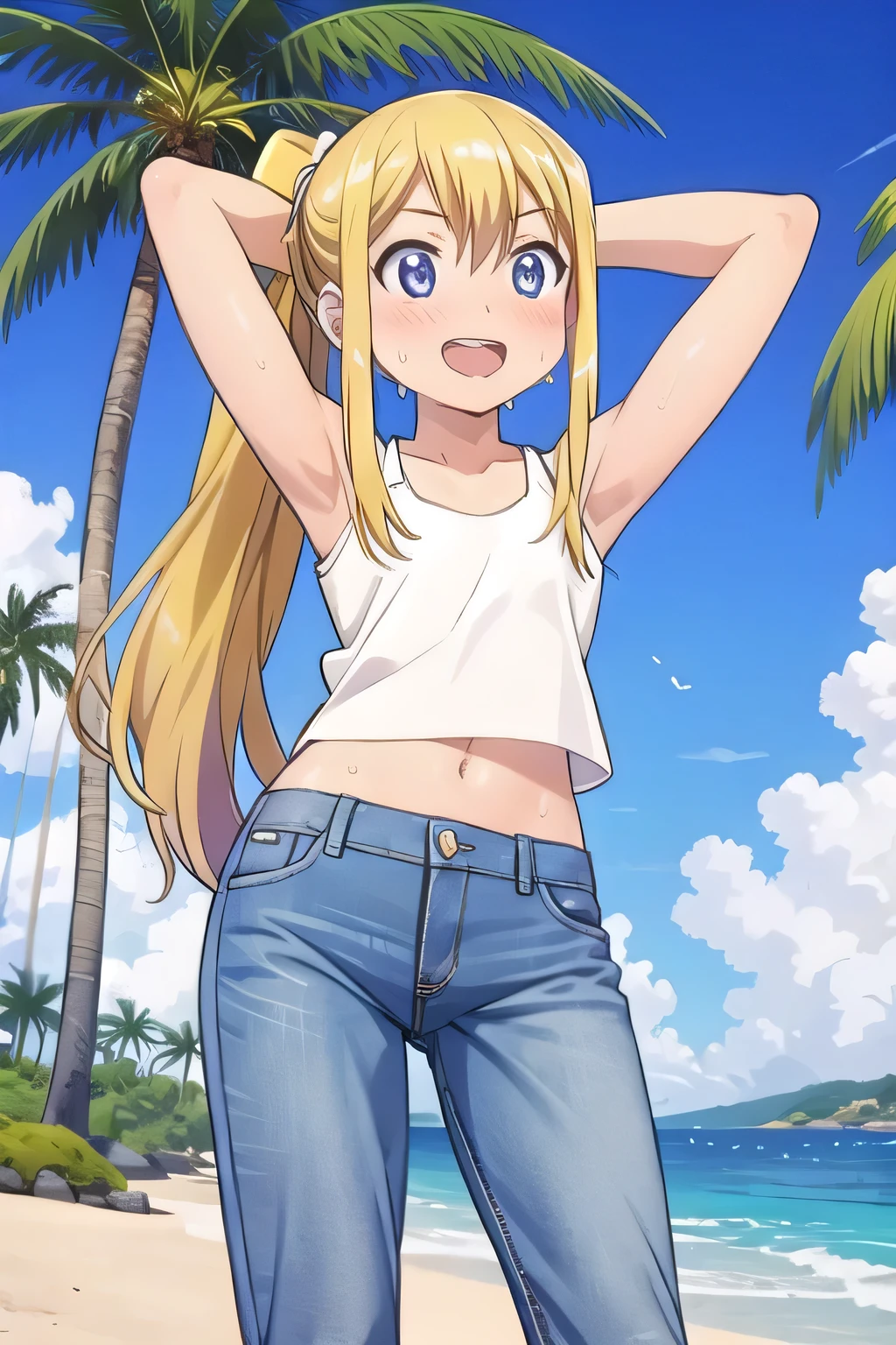 masterpiece,best quality,ultra detail, ((Perfect Face, Perfect Arms, Perfect hands, Perfect Fingers)), 1girl, , peti ((round face, ecstasy, orgasm face, drooping eyes, shame smiling, blush)), dropping eyes, sleepy, Open mouth, ((White teeth)), background((under the beach, (day:1.2), palm tree, bright sky)), winry rockbell, blue eyes, blonde hair, (long hair:1.4), ponytail, earrings, ((arms behind head, hands behind head, fingers behind head)), ((contrapposto)), spread armpits, looking at viewer,, (white tank top:1.2), (white crop top:1.2), (jeans pants:1.2, flares jeans:1.2, skinny jeans:1.2, blue jeans:1.2), standing, (legs spread:1.4), sex pose, Sweaty crotch, Steam from the crotch, from below, whole body
