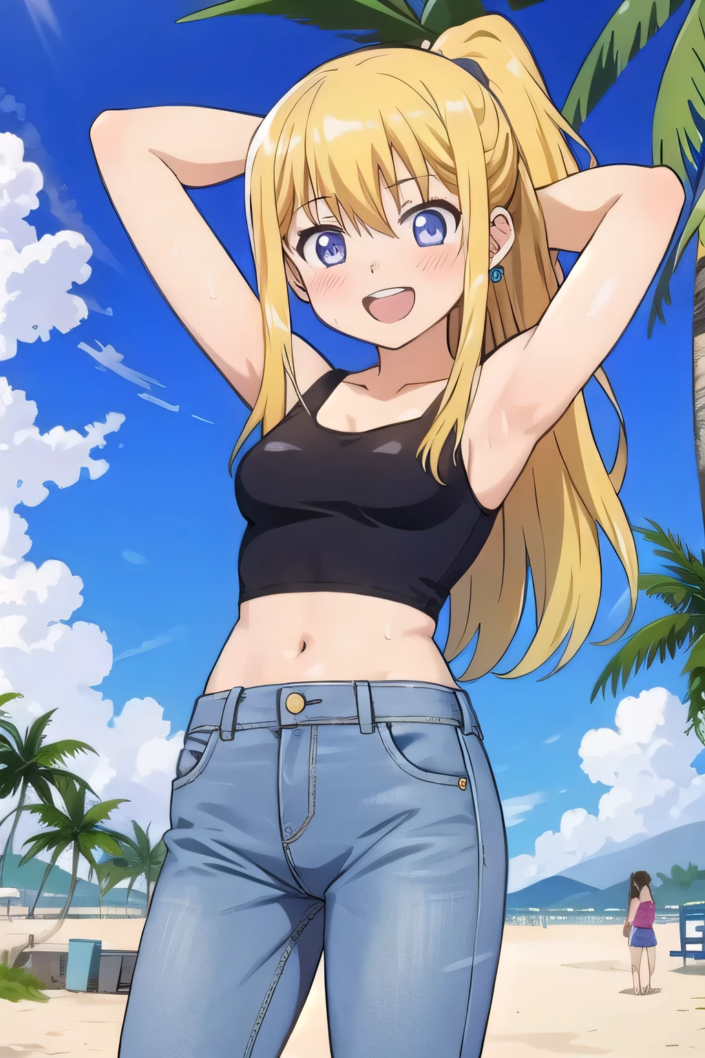 masterpiece,best quality,ultra detail, ((Perfect Face, Perfect Arms, Perfect hands, Perfect Fingers)), 1girl, , peti ((round face, ecstasy, orgasm face, drooping eyes, shame smiling, blush)), dropping eyes, sleepy, Open mouth, ((White teeth)), background((under the beach, (day:1.2), palm tree, bright sky)), winry rockbell, blue eyes, blonde hair, (long hair:1.4), ponytail, earrings, ((arms behind head, hands behind head, fingers behind head)), ((contrapposto)), spread armpits, looking at viewer,, (white tank top:1.2), (white crop top:1.2), (jeans pants:1.2, flares jeans:1.2, skinny jeans:1.2, blue jeans:1.2), standing, (legs spread:1.4), sex pose, Sweaty crotch, Steam from the crotch, from below, whole body