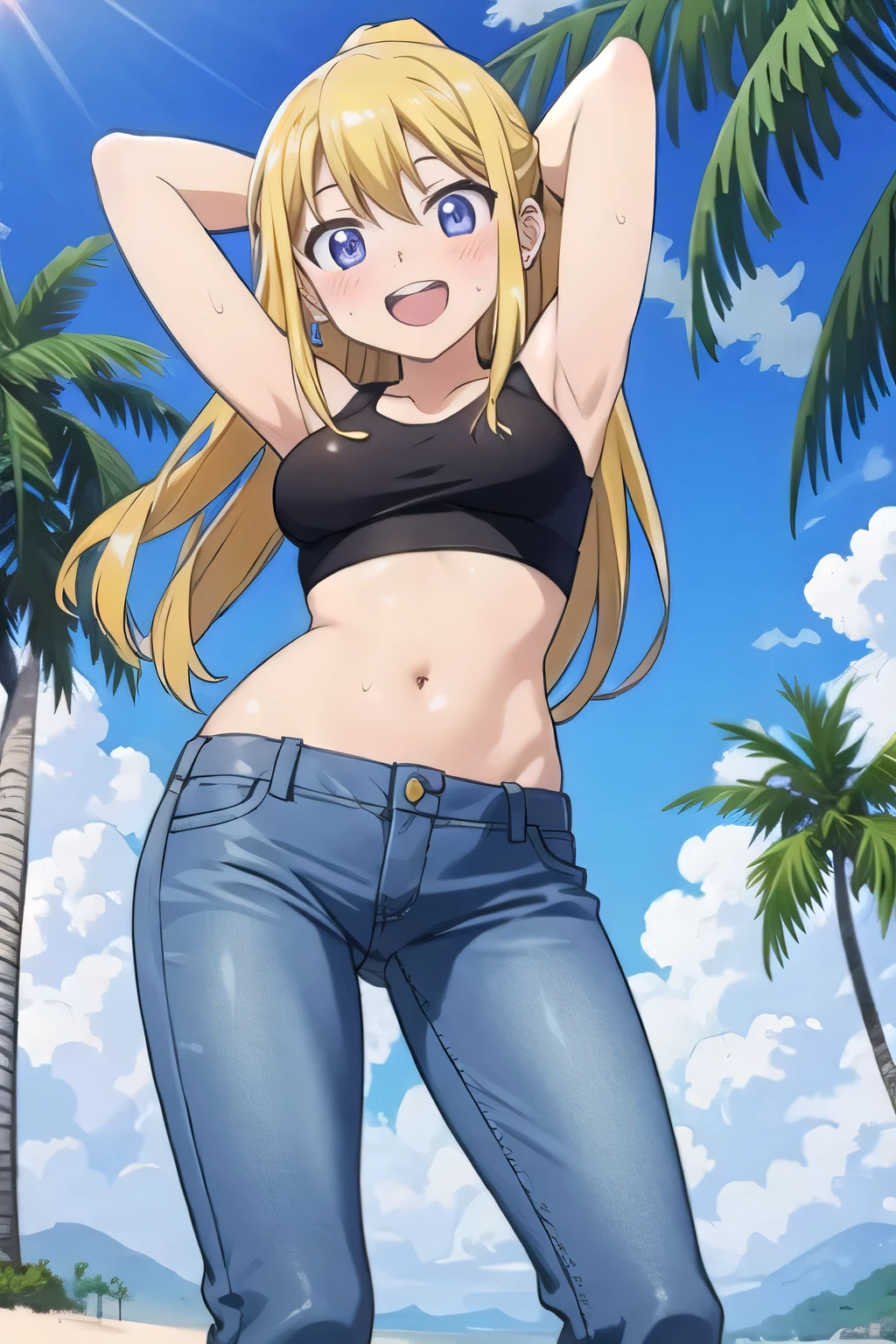 masterpiece,best quality,ultra detail, ((Perfect Face, Perfect Arms, Perfect hands, Perfect Fingers)), 1girl, , peti ((round face, ecstasy, orgasm face, drooping eyes, shame smiling, blush)), dropping eyes, sleepy, Open mouth, ((White teeth)), background((under the beach, (day:1.2), palm tree, bright sky)), winry rockbell, blue eyes, blonde hair, (long hair:1.4), ponytail, earrings, ((arms behind head, hands behind head, fingers behind head)), ((contrapposto)), spread armpits, looking at viewer,, (white tank top:1.2), (white crop top:1.2), (jeans pants:1.2, flares jeans:1.2, skinny jeans:1.2, blue jeans:1.2), standing, (legs spread:1.4), sex pose, Sweaty crotch, Steam from the crotch, from below, whole body