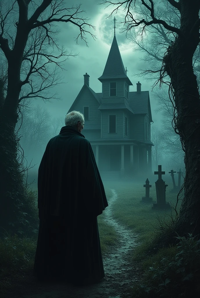 horror house, old woman , washed out color, light terror .man deep down, horror climate , large moon,