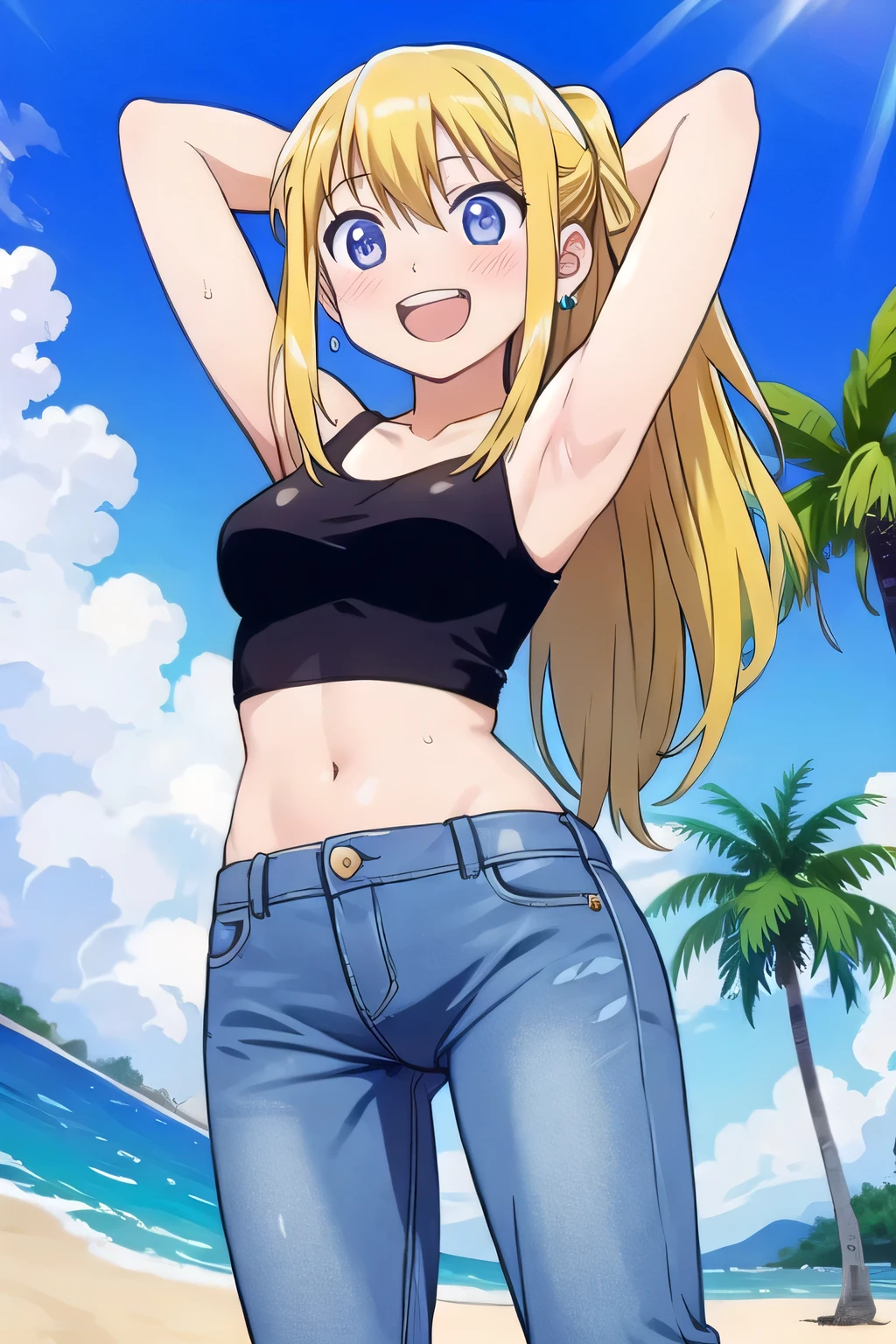 masterpiece,best quality,ultra detail, ((Perfect Face, Perfect Arms, Perfect hands, Perfect Fingers)), 1girl, , peti ((round face, ecstasy, orgasm face, drooping eyes, shame smiling, blush)), dropping eyes, sleepy, Open mouth, ((White teeth)), background((under the beach, (day:1.2), palm tree, bright sky)), winry rockbell, blue eyes, blonde hair, (long hair:1.4), ponytail, earrings, ((arms behind head, hands behind head, fingers behind head)), ((contrapposto)), spread armpits, looking at viewer,, (white tank top:1.2), (white crop top:1.2), (jeans pants:1.2, flares jeans:1.2, skinny jeans:1.2, blue jeans:1.2), standing, (legs spread:1.4), sex pose, Sweaty crotch, Steam from the crotch, from below, whole body