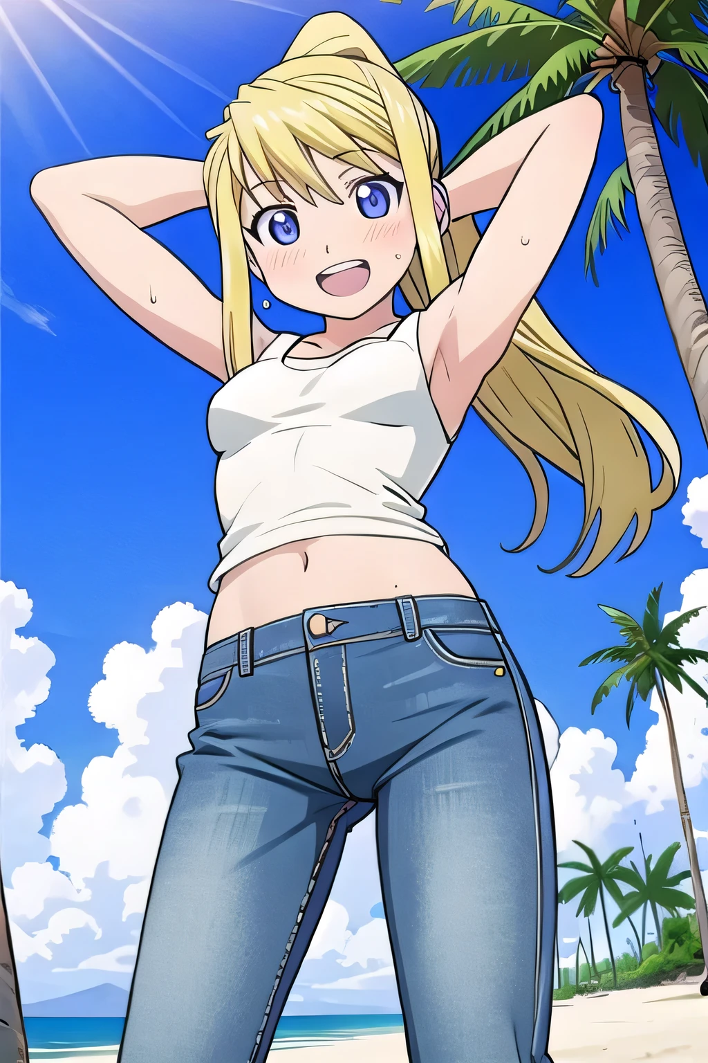 masterpiece,best quality,ultra detail, ((Perfect Face, Perfect Arms, Perfect hands, Perfect Fingers)), 1girl, , petite, ((round face, ecstasy, orgasm face, drooping eyes, shame smiling, blush)), dropping eyes, sleepy, Open mouth, ((White teeth)), background((under the beach, (day:1.2), palm tree, bright sky)), winry rockbell, blue eyes, blonde hair, (long hair:1.4), ponytail, earrings, ((arms behind head, hands behind head, fingers behind head)), ((contrapposto)), spread armpits, looking at viewer,, (white tank top:1.2), (white crop top:1.2), (jeans pants:1.2, flares jeans:1.2, skinny jeans:1.2, blue jeans:1.2), standing, (legs spread:1.4), sex pose, Sweaty crotch, Steam from the crotch, from below, whole body