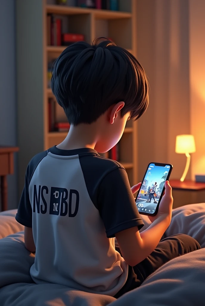 a young boy using his cell phone, wearing a black shirt with light blue details, on your back and side inside your room using your cell phone, showing how easy it is to create sports art!