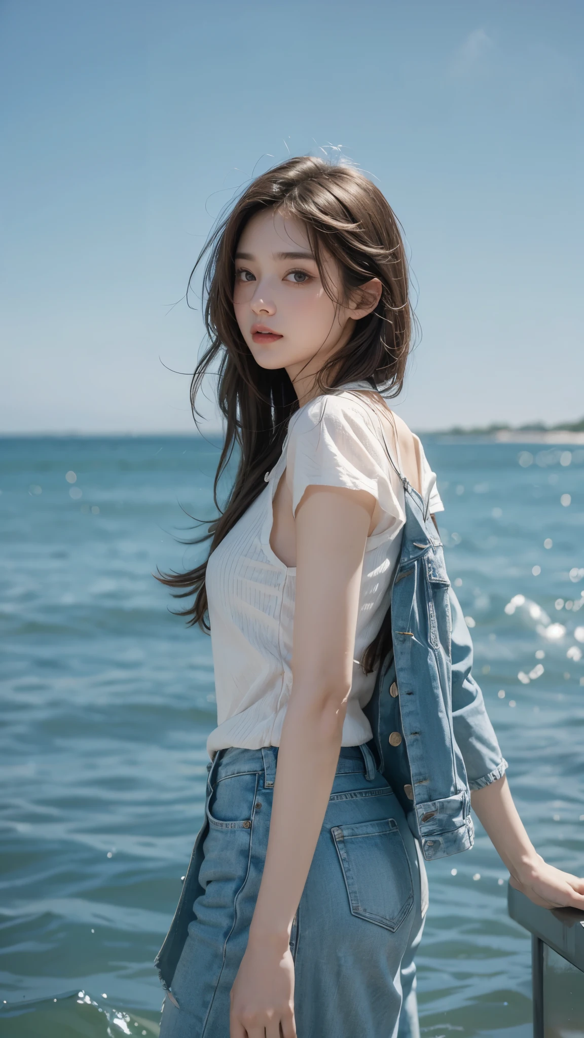 A woman who has been and tied up is squatting on the shore of a lake、Her hands are behind her back and her wrists are tied with rope、Beauty、Wearing a short-sleeved blouse、She is wearing a skirt with a Barbarian pattern.、View from directly behind、, black hair, bangs, floating hair, straight hair, shiny hair, eyeball, blush, blush, shy, Surrealism, cinematic lighting, first-person view, UHD, best quality, highres, 8k