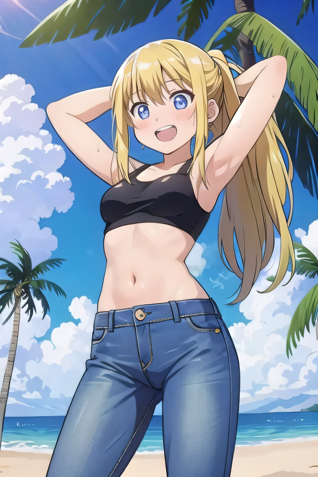 masterpiece,best quality,ultra detail, ((Perfect Face, Perfect Arms, Perfect hands, Perfect Fingers)), 1girl, , peti ((round face, ecstasy, orgasm face, drooping eyes, shame smiling, blush)), dropping eyes, sleepy, Open mouth, ((White teeth)), background((under the beach, (day:1.2), palm tree, bright sky)), winry rockbell, blue eyes, blonde hair, (long hair:1.4), ponytail, earrings, ((arms behind head, hands behind head, fingers behind head)), ((contrapposto)), spread armpits, looking at viewer,, (white tank top:1.2), (white crop top:1.2), (jeans pants:1.2, flares jeans:1.2, skinny jeans:1.2, blue jeans:1.2), standing, (legs spread:1.4), sex pose, Sweaty crotch, Steam from the crotch, from below, whole body