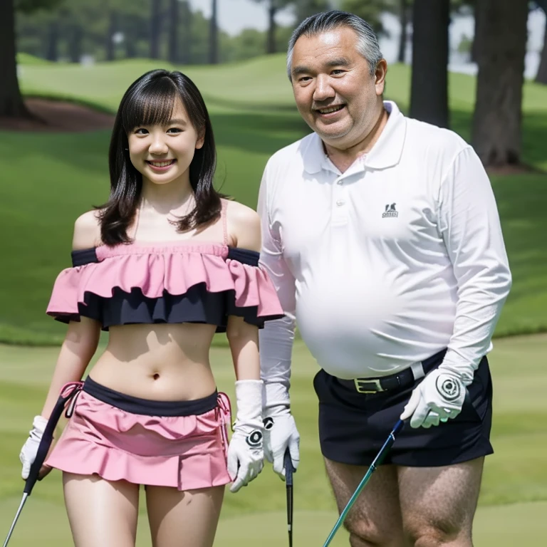 (((Actual Photos,High resolution, 8kHighest quality))),Very detailedな CG Unity 8k 壁紙, Highest quality, Very detailed, Tabletop, Realistic, (((、Primary schoirl Junior Idol、She is pictured with heat man.:1.5))))、((Huge breasts:1.5))Big cleavage ,Big Ass,Big Ass,Thick thighs,Saggy breasts,Tight waist,Wide Hips,(((Off-the-shoulder bikini top:1.2)))、 (golf mini skirt) , (Wearing golf gloves),Wear a sun visor, Beautiful Eyes, ((The shape of the nipples is visible even through clothing))、Realistic female hands、audience, blush,A light smile, Lips parted, Full Body Shot, American flag pattern tight golf wear、、Thick thighs、(One Woman)、Tight mini skirt,(((Off-the-shoulder bikini top)))、Big Breasts、(((Underbust)))、White Long Boots、(((Random Pause)))、Golf course、(Full body photo),Golf Tournament、Vulgar female professional golfer, blonde,