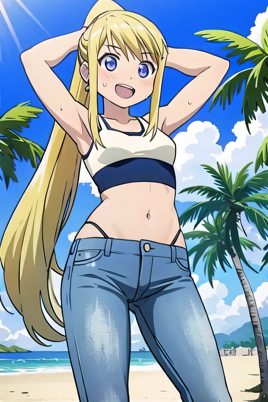 masterpiece,best quality,ultra detail, ((Perfect Face, Perfect Arms, Perfect hands, Perfect Fingers)), 1girl, , peti ((round face, ecstasy, orgasm face, drooping eyes, shame smiling, blush)), dropping eyes, sleepy, Open mouth, ((White teeth)), background((under the beach, (day:1.2), palm tree, bright sky)), winry rockbell, blue eyes, blonde hair, (long hair:1.4), ponytail, earrings, ((arms behind head, hands behind head, fingers behind head)), ((contrapposto)), spread armpits, looking at viewer,, (white tank top:1.2), (white crop top:1.2), (jeans pants:1.2, flares jeans:1.2, skinny jeans:1.2, blue jeans:1.2), standing, (legs spread:1.4), sex pose, Sweaty crotch, Steam from the crotch, from below, whole body