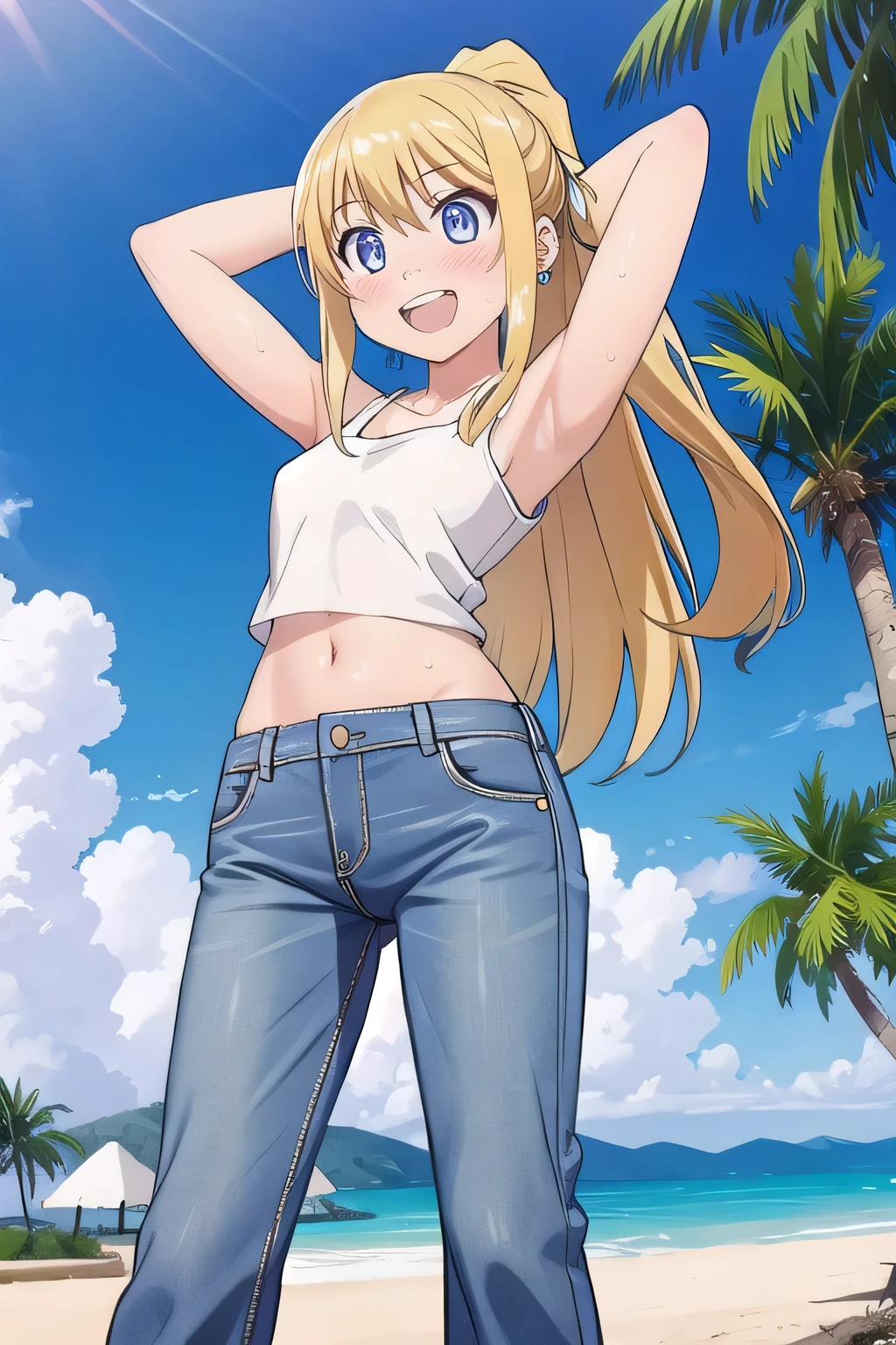masterpiece,best quality,ultra detail, ((Perfect Face, Perfect Arms, Perfect hands, Perfect Fingers)), 1girl, , peti ((round face, ecstasy, orgasm face, drooping eyes, shame smiling, blush)), dropping eyes, sleepy, Open mouth, ((White teeth)), background((under the beach, (day:1.2), palm tree, bright sky)), winry rockbell, blue eyes, blonde hair, (long hair:1.4), ponytail, earrings, ((arms behind head, hands behind head, fingers behind head)), ((contrapposto)), spread armpits, looking at viewer,, (white tank top:1.2), (white crop top:1.2), (jeans pants:1.2, flares jeans:1.2, skinny jeans:1.2, blue jeans:1.2), standing, (legs spread:1.4), sex pose, Sweaty crotch, Steam from the crotch, from below, whole body
