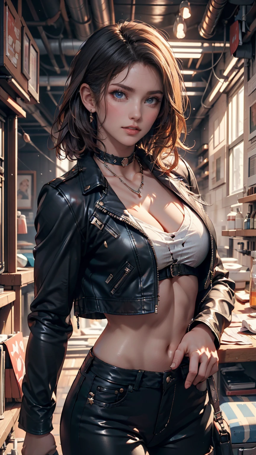 1girl, (brunet hairs: 1.4), exquisite face, goddess body, cleavage, wear rugged jacket, white crop top and thigh jeans pants, distressed details, ripped details, ((sitting)), ((masterpiece, highres, textured skin, UHD, anatomically correct, perfect proportions, master compositions, chiaroscuro, drop shadow, cinematic lighting, depth of field, soft lighting, warm tone)), (wlop: 1.4), abandoned room, crack, vileness, muck, stain, grunge, dystopian scenery