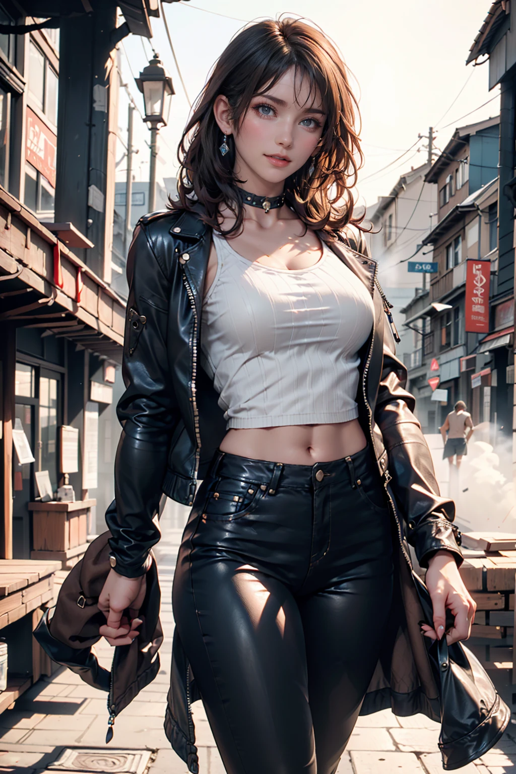 (Highest quality, High resolution, masterpiece :1.3), Beautiful woman, Slim figure, Dark brown hair, T-shirt with printed logo, (Night city street), Highly detailed face and skin texture, Detailed eyes, double eyelid、Sexy proportionidriff Jacket((midriff jacket))、Low rise mini flare skirt、High Knee Socks、sneakers、Top view、Pastel color background、A shadow falls on the ground、hair band((hair ribbon))、Straight Hair