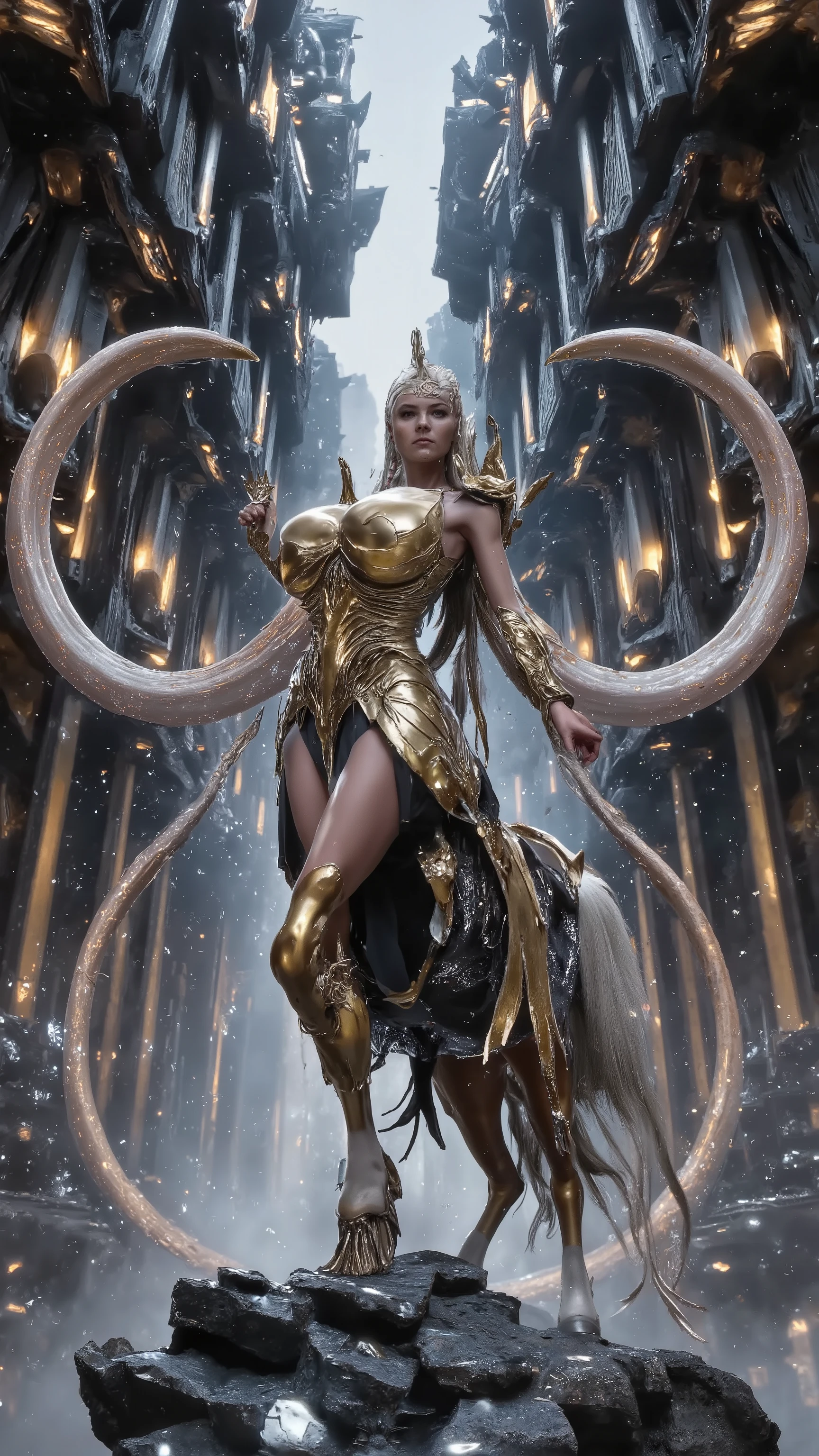(Master quality:2.0) ( ultra-fine detail :2.0) (Neo-Baroque Architecture Myth Cyber Centaur Half Man Half Horse Queen:1.8),Super Technical Integration Perfect Fusion Precision Connection Seamlessly Nested Cyber Half Horse Body, antimatter horseshoe ,Superstring Mane, dynamic nebula cape ,12K grade skin ( subsurface scattering of subcutaneous nebula ), quantum topology , fractal crystal wing 。 material system : liquid metal etching texture , empty mountain base style curved surface , non-Quak-gum plasma dress Kinetic , photon tunneling stockings , quak-gum plasma dress , holographic scaly armor projection 。 optical configuration : unreal engine-level global lighting , cinematic volumetric fog effect , HDR quantum tracking , dynamic edge light emphasis (1.8), iridescent sweat refraction system , miniature nebula pupil 。Scene architecture: superconductivity Dimensional Sanctuary with lots of crystals , contains quantum entangled column array ( neo-baroque mechanical relief )、 floating tower of the Ming Dynasty ( gas circuit integration )、 multi-layer holographic curtain wall ( ultra-realistic material Render )。 character matrix :① Central Body - Shengshi Xianyan、Scarlet Mole、 Blonde 、 fiery eyes 、(Peach Pink Super Giant Muscle Gaiter Jelly Chest:1.8)、Ultra Narrow Rib Waist、Ultra Slim Legs with Fractal Bark Textured Dress with Klein Bottleneck;② 前- Photon tunnels pass through the knee socks (1.8) combined with magnetic levitation skirt and Starwood chalcedony implant ;③ Rear - Holographic Scaly Armor Integrated Quark Cloak and Dragon Scale Defense Matrix; ④ Suspended Body - Time Expansion Posture with Entangled Photon Veil and Dimensional Pedestal ; ⑤ Mechanical Muse - Liquid Metal Skin Integrated Fibonacci Hair Braids and Adaptive Camouflage Field。Physics engine: subsurface scattering - nebula light effect SSS 5 .0, cloth simulation - non-Newtonian fluid MAX protocol , motion system - four-axis dynamic blur and hairline quantum entanglement 。Control parameters:--at 6.0 --style raw --chaos 45 --stylize 1080, additional control bone depth dynamic segmentation and dynamic capture frame SDxL 6 . 0 depth optimization 。 preserve full weight factor : dynamic edge light emphasis (1.8)、 Photon tunnels pass through the knee socks (1.7)、 supergiant jelly chest (1.8) and other parameters fully coded 。 technical points including quantum topological binding 、 gas circuit integration 协议、 12K level subsurface scattering light tracking algorithm 。