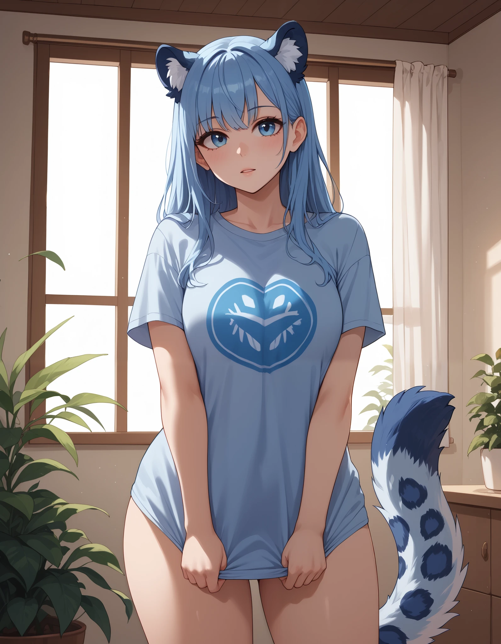 (Masterpiece) (High Detail) (High Res) A short curvy slim Humanoid Snow-Leopard Female with pale human skin and bright blue eyes and long navy blue hair and fluffy navy blue snow-leopard ears and a big fluffy navy blue snow-leopard tail and average breasts. She is wearing only an oversized baggy t-shirt and is standing in a bedroom with wooden beams and bright light coming from the window and large leafy plants. Long Hair.